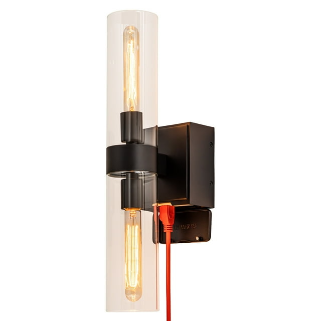 C Cattleya 2-Light Black Wall Sconce with GFCI Outlet and Clear Glass Tubes