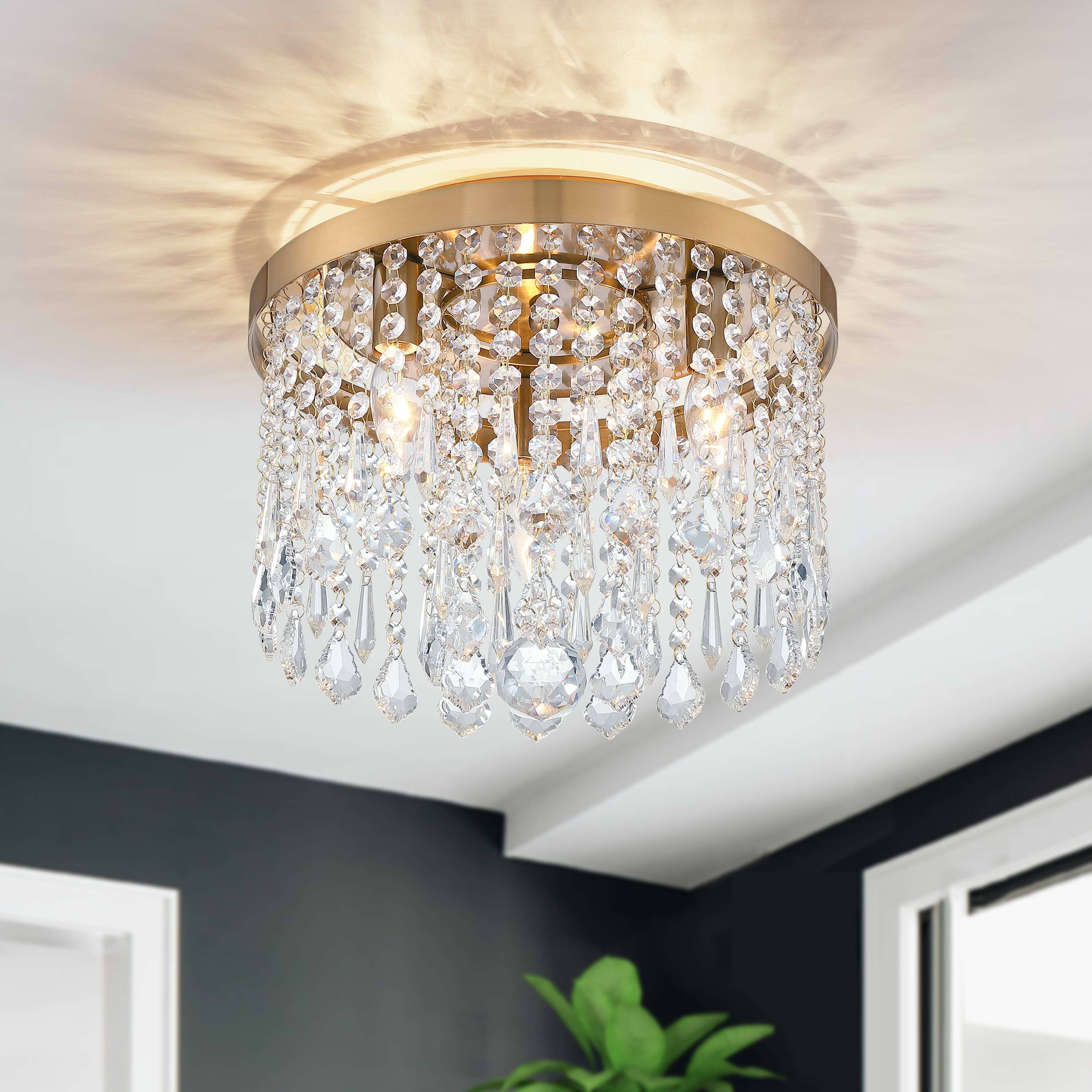 C Cattleya  3-Light 13" Antique Brass Finish Crystal Flush Mount Ceiling Light