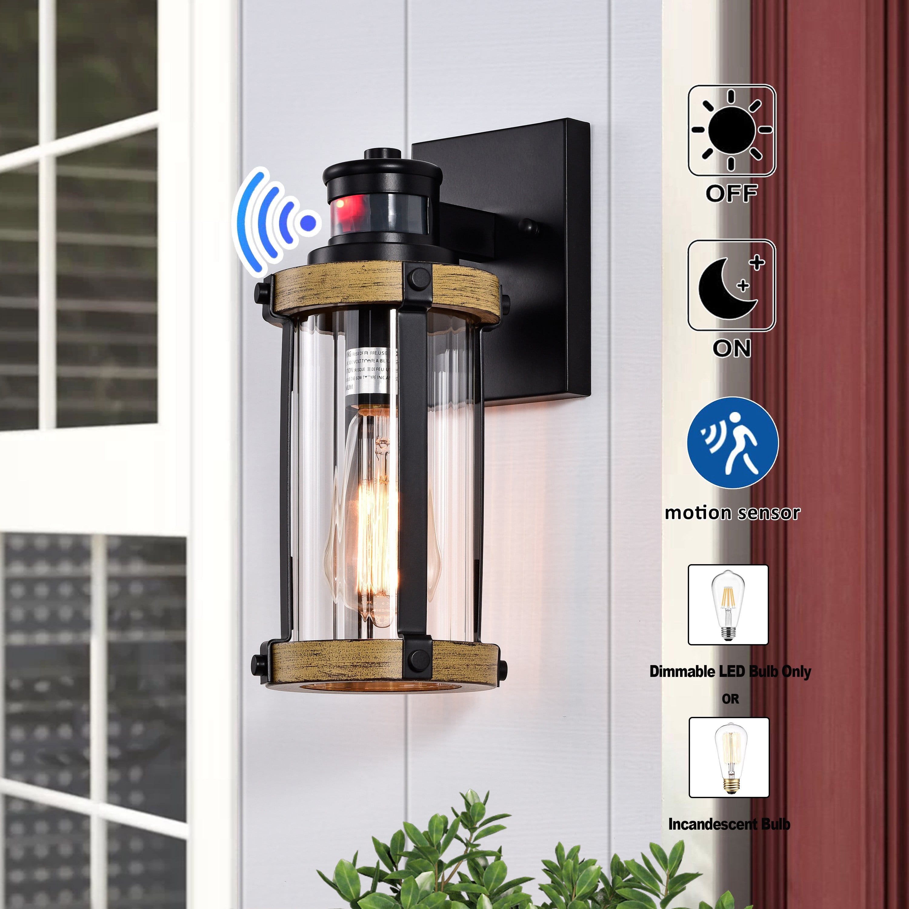 C Cattleya 5.5 in. 1-Light Motion Sensing Dusk to Dawn Outdoor Wall Sconce Black and Woodgrain Finish with Striped Clear Glass