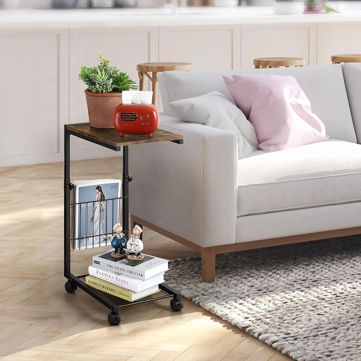 C Shaped End Table Height Adjustable with Metal Frame 1PCS - Brown