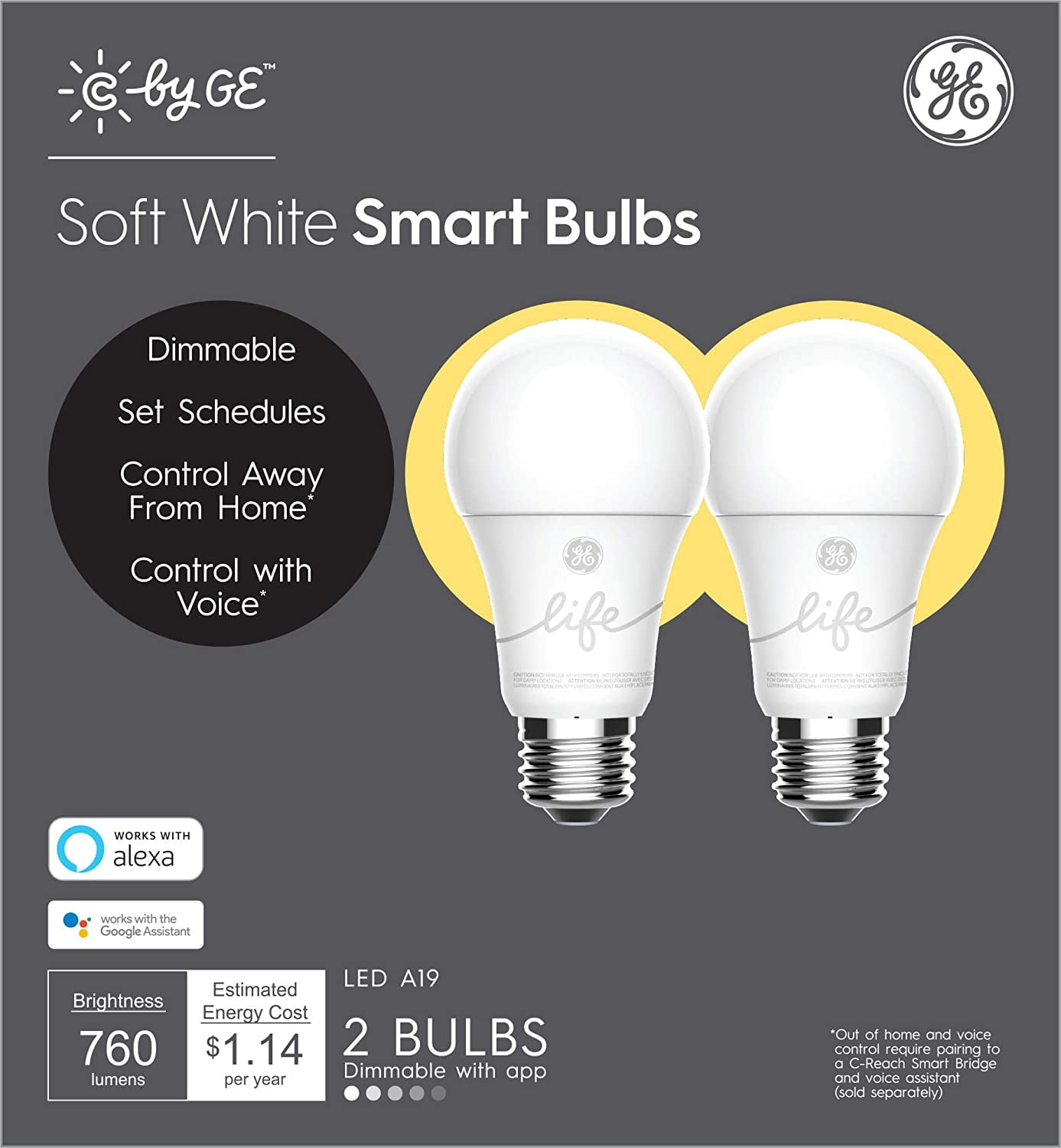 C by GE A19 Smart LED Bulbs 2 Pack - A19 Soft White Light Bulbs Works with Alexa