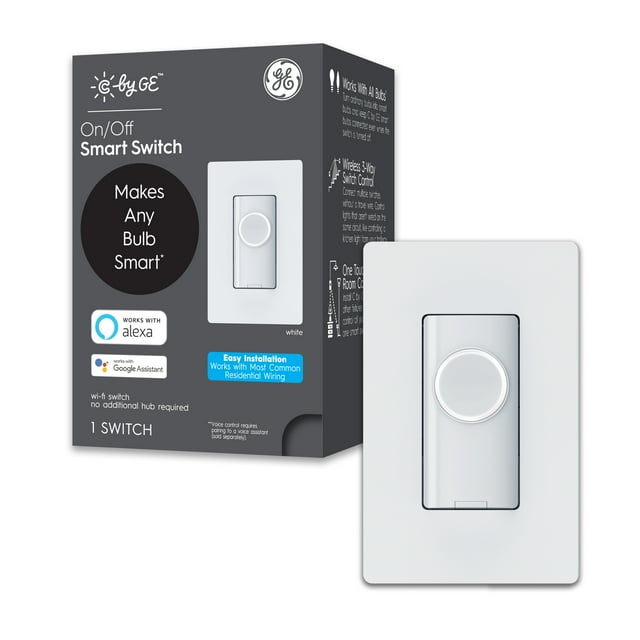 C by GE On/Off 3-Wire Smart Switch - Works with Alexa + Google Home Without Hub, Button Style Smart Switch, Single-Pole/3-Way Replacement, White
