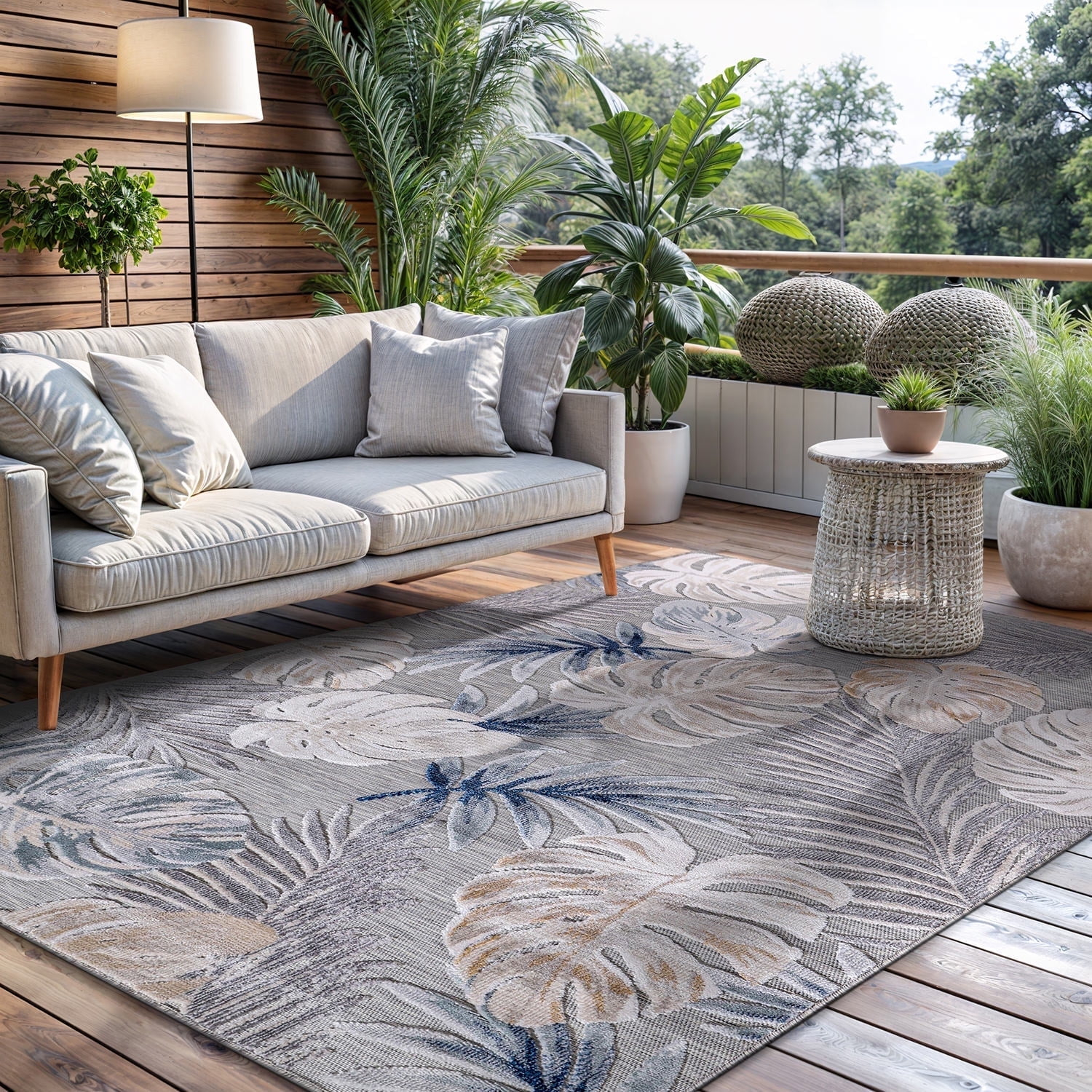 CAMILSON Spring Leaf Tropical Botanical Easy-Cleaning Non-Shedding Washable Outdoor Indoor Area Rug Blue 9x12