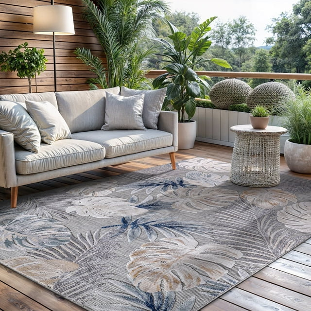 CAMILSON Spring Leaf Tropical Botanical Easy-Cleaning Non-Shedding Washable Outdoor Indoor Area Rug Blue 9x12