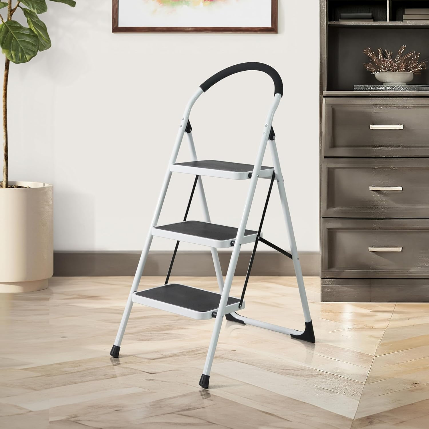 CAPHAUS 3-Step Ladder, Portable Folding Step Stool with Extra Wide Anti-Slip Pedal, Heavy Duty Foldable Small Step Ladder with Hand Grip, ANSI A14.11 Certified Sturdy Step Stool, White