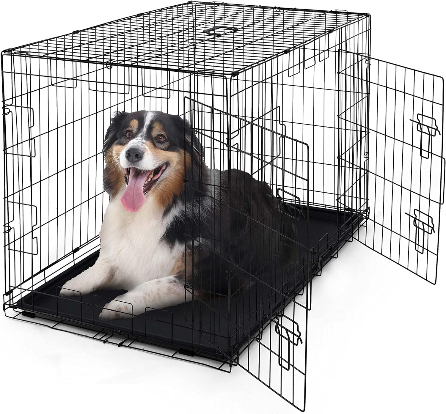CAPHAUS Foldable Dog Crate Kennel w/Leak-Proof Pan & Divider Panel, Metal Crate, Small, Medium & Large Dog Crate Indoor Wire Cage, 42' w/Double Doors, Black