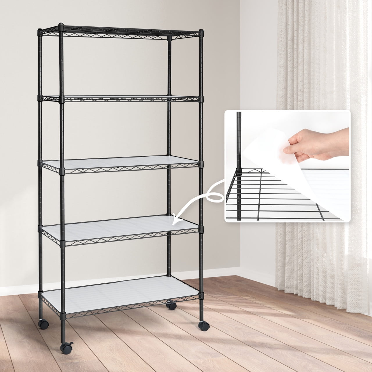 CAPHAUS NSF Adjustable Shelves Metal Wire Shelving Unit w/ Liners, Kitchen Storage Shelving, Metal Steel Storage Shelving, Garage Shelving Storage Organizer, Utility Shelf, 5-Tier W/ Wheels, Black