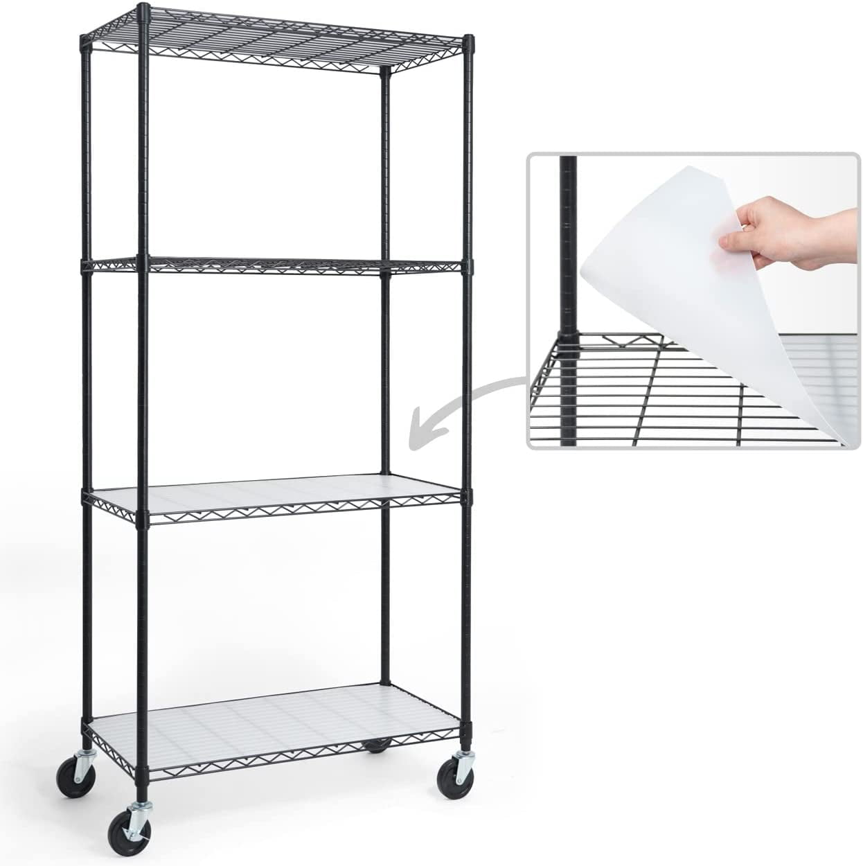 CAPHAUS NSF Commercial Grade Heavy Duty Wire Shelving w/ Wheels, Leveling Feet & Liners, Storage Metal Shelf, Garage Shelving Storage, Utility Wire Rack Storage Shelves, w/ Liner, 36 x 18 x 76 4-Tier