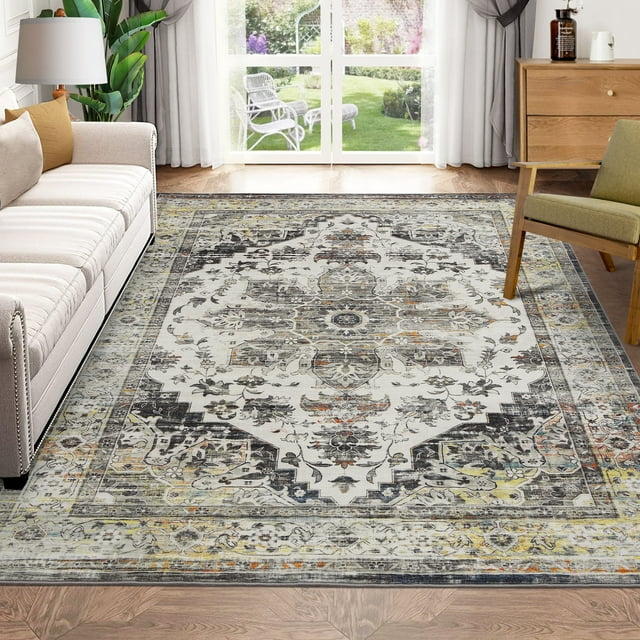 Garvee 9' x 12' Large Rug Vintage Persian Area Rugs Distressed Print Carpet Floral Pattern Rug No-Slip Low Pile Rug Living Room Bedroom Rug, Gray