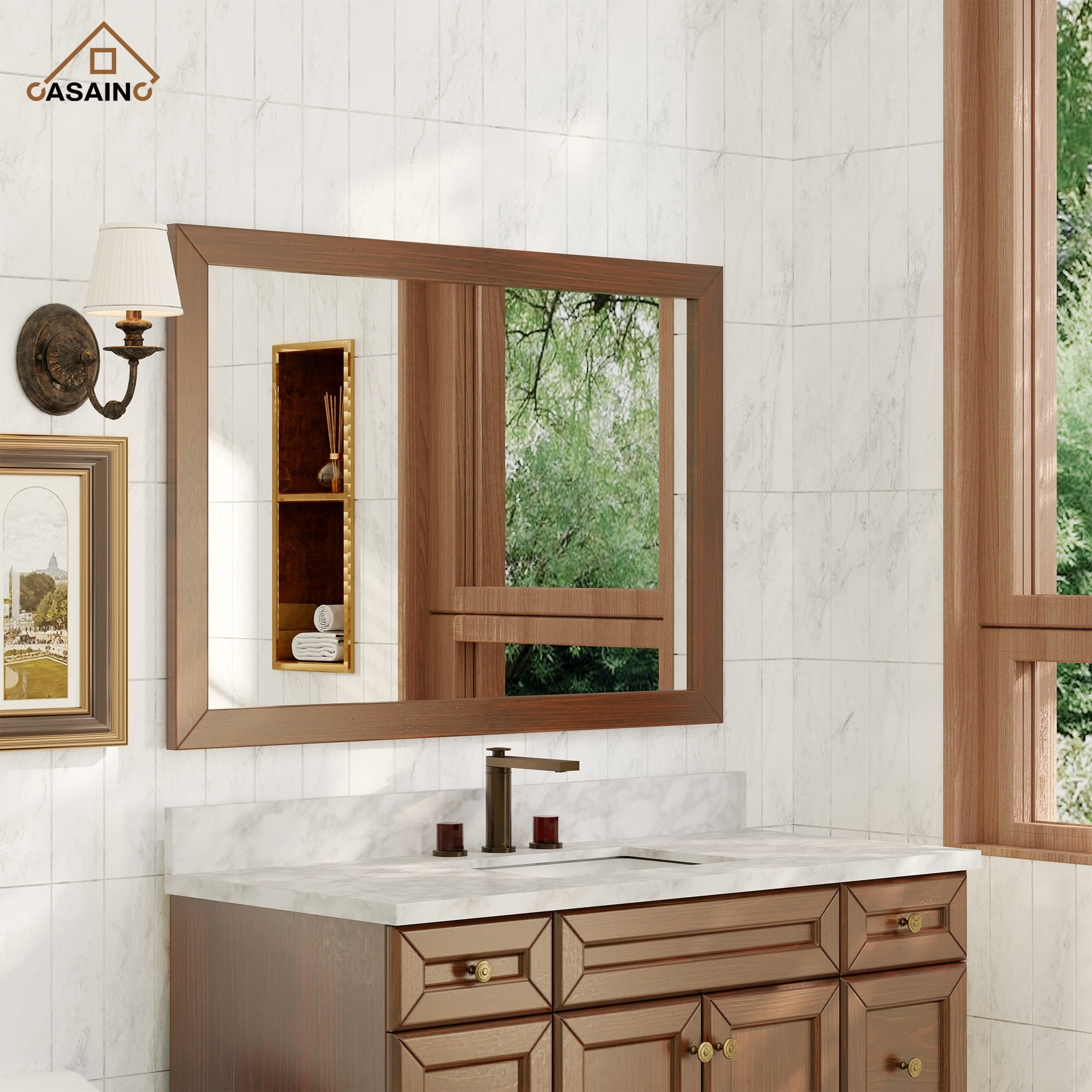 CASAINC  48in Solid Wood Framed Mirror in Multiple Color Frames Brown