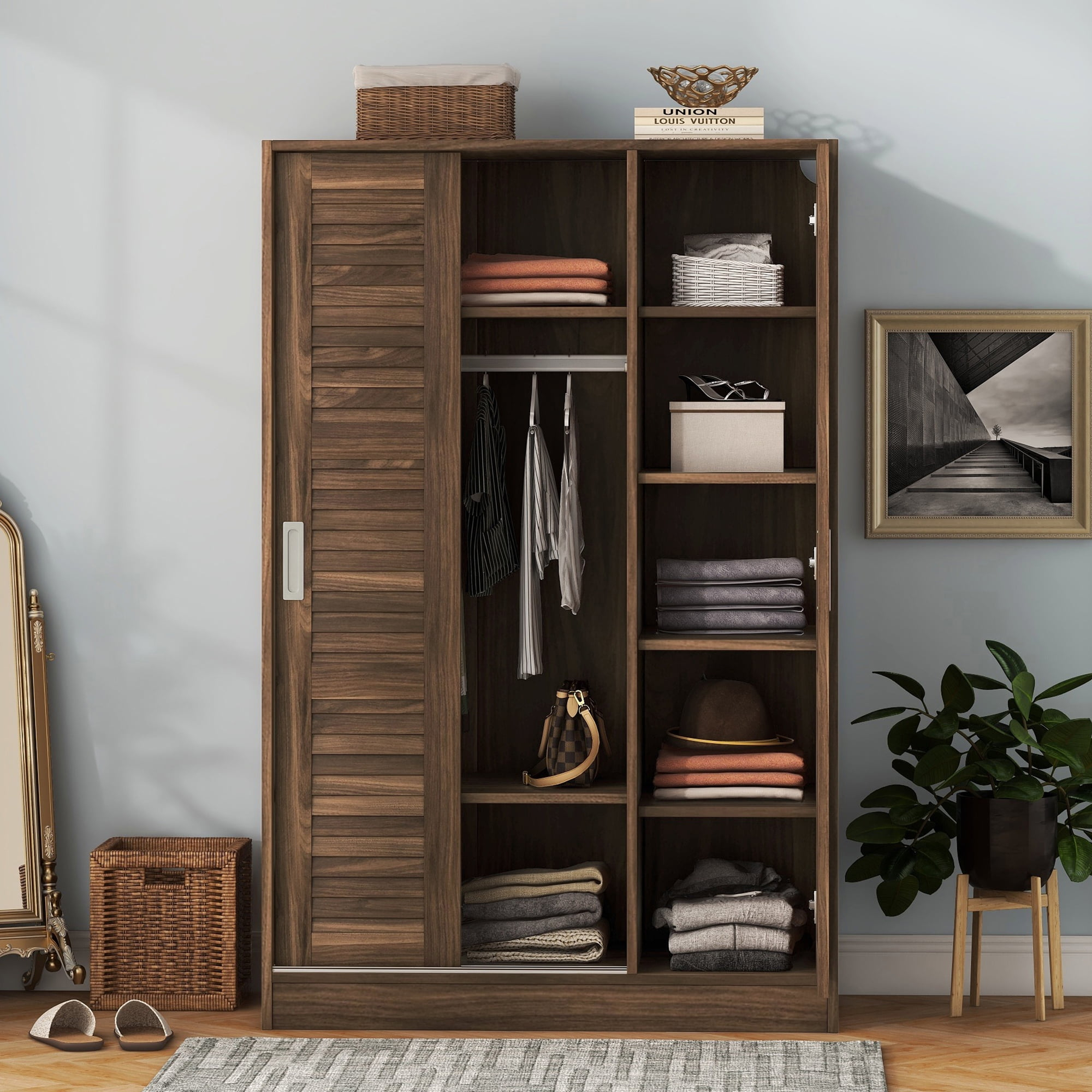 CASEMIOL 66.9" Tall Storage Cabinet Organizer with Sliding Doors, Bedroom Wardrobe Armoire Closet with Hanging Rod, Large Modern Wardrobe with Shelves for Sorting Clothes, Pants, Shirts, Walnut