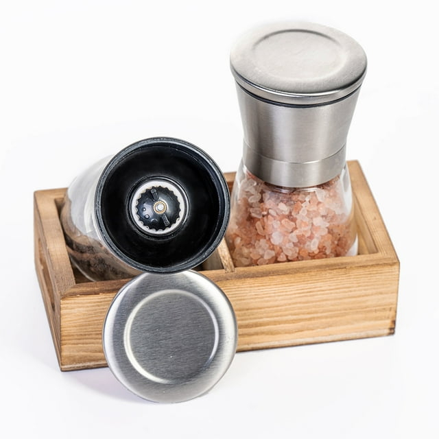 CB Accessories Stainless Steel Salt and Pepper Grinder Set with Wood Tray,  Adjustable Coarseness for Modern Farmhouse Kitchen Table
