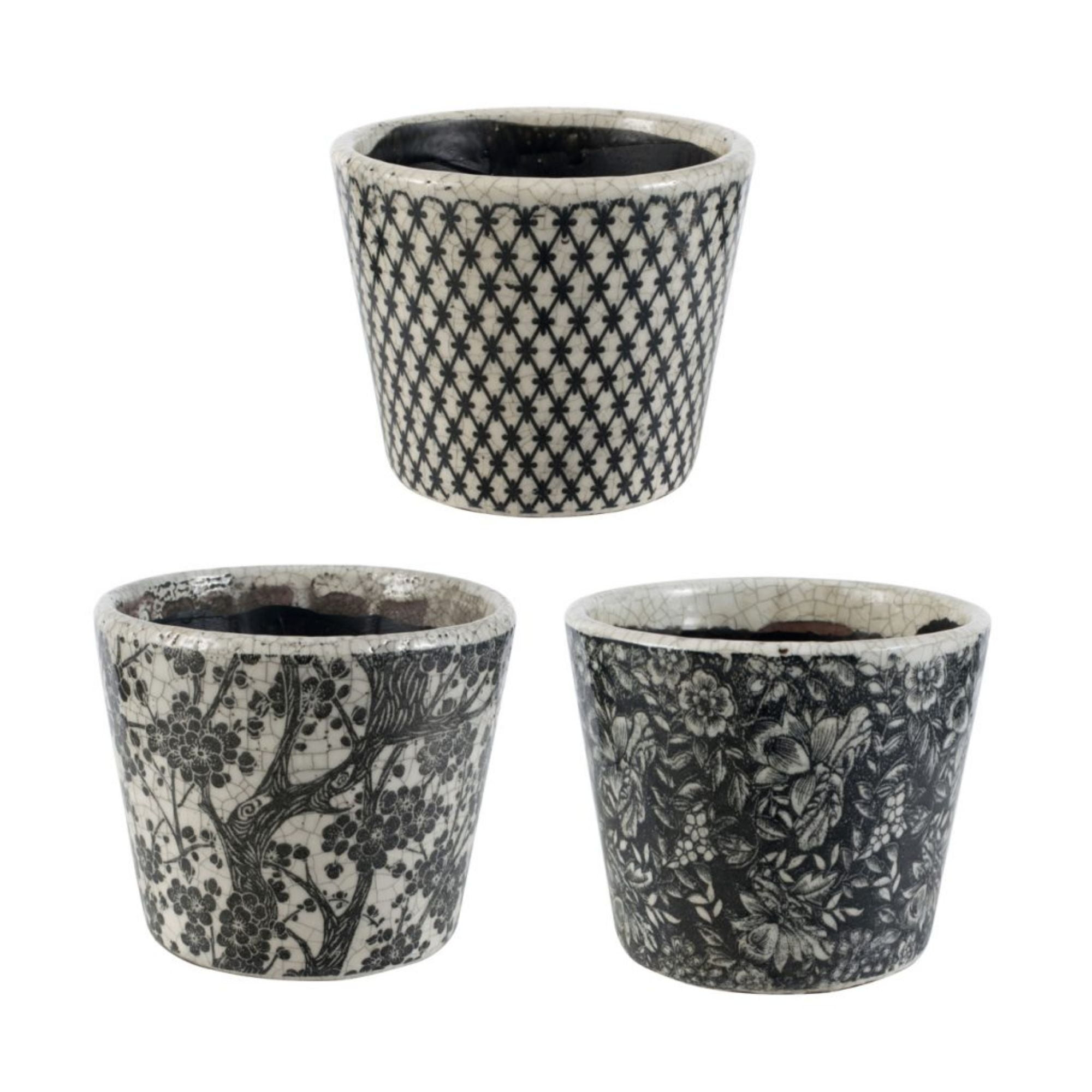 CC Home Furnishings Botanical Style Floral Garden Planters - 5.5" - Black and White - Set of 3