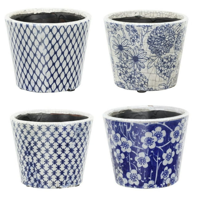 CC Home Furnishings Large Floral Outdoor Garden Planters - 7.5" - Blue and White - Set of 4