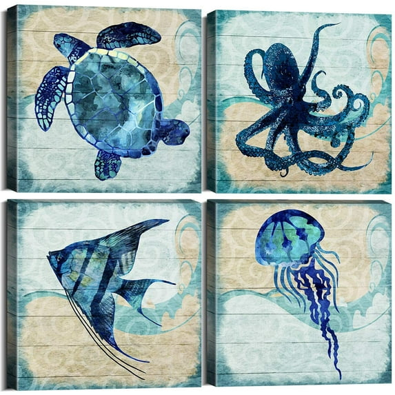 Navy Blue Bathroom Beach Decor Ocean Animals Wall Art Kids Nursery Room Paintings Canvas Rustic Sea Turtle Octopus Jellyfish Fish Pictures Artwork for Bedroom Living Room Home Decorations 16x16” 4Pcs