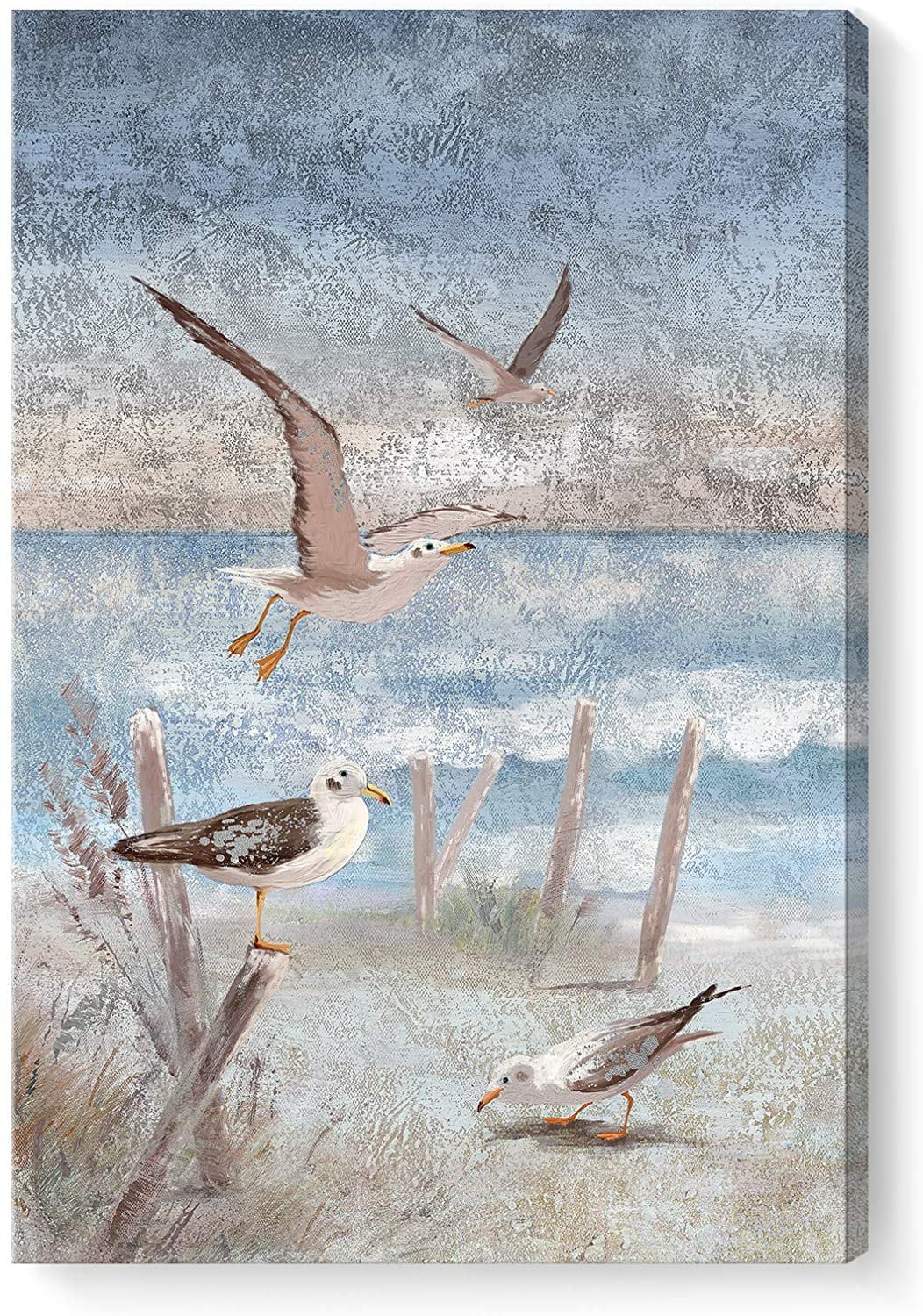 ARTZON Beach Wall Art Bathroom Decor Ocean Theme Canvas Print Coastal Painting Perching Bird by The Sea Shore Abstract Seascape Picture Framed Artwork for Bedroom Living Room Office Ready to Hang 12x16inch