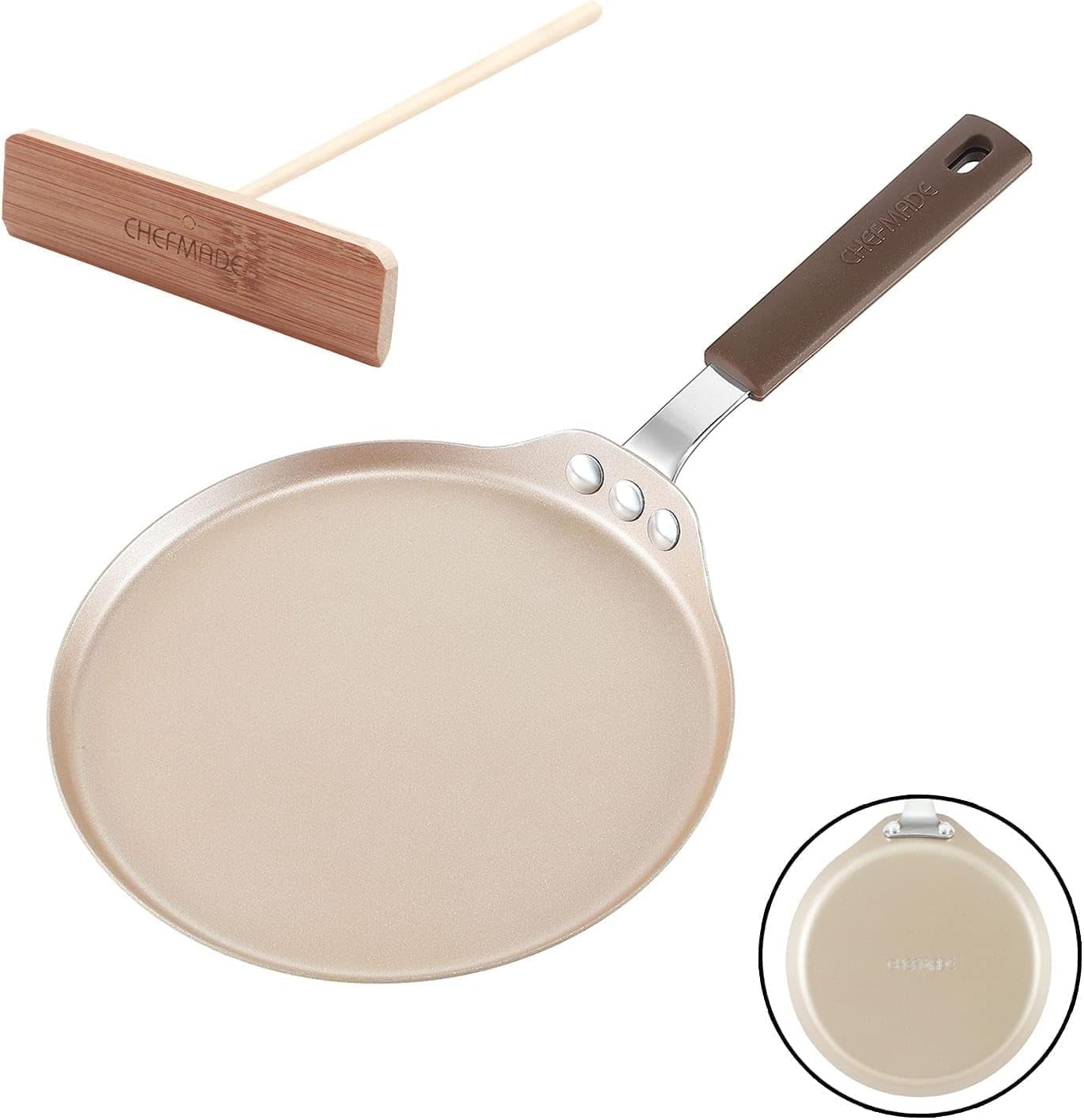 CHEFMADE Mini Crepe Pan with Bamboo Spreader, 6-inch Non-Stick Pancake Pan with Insulating Silicone Handle for Gas, Induction, Electric Cooker (Champagne Gold)