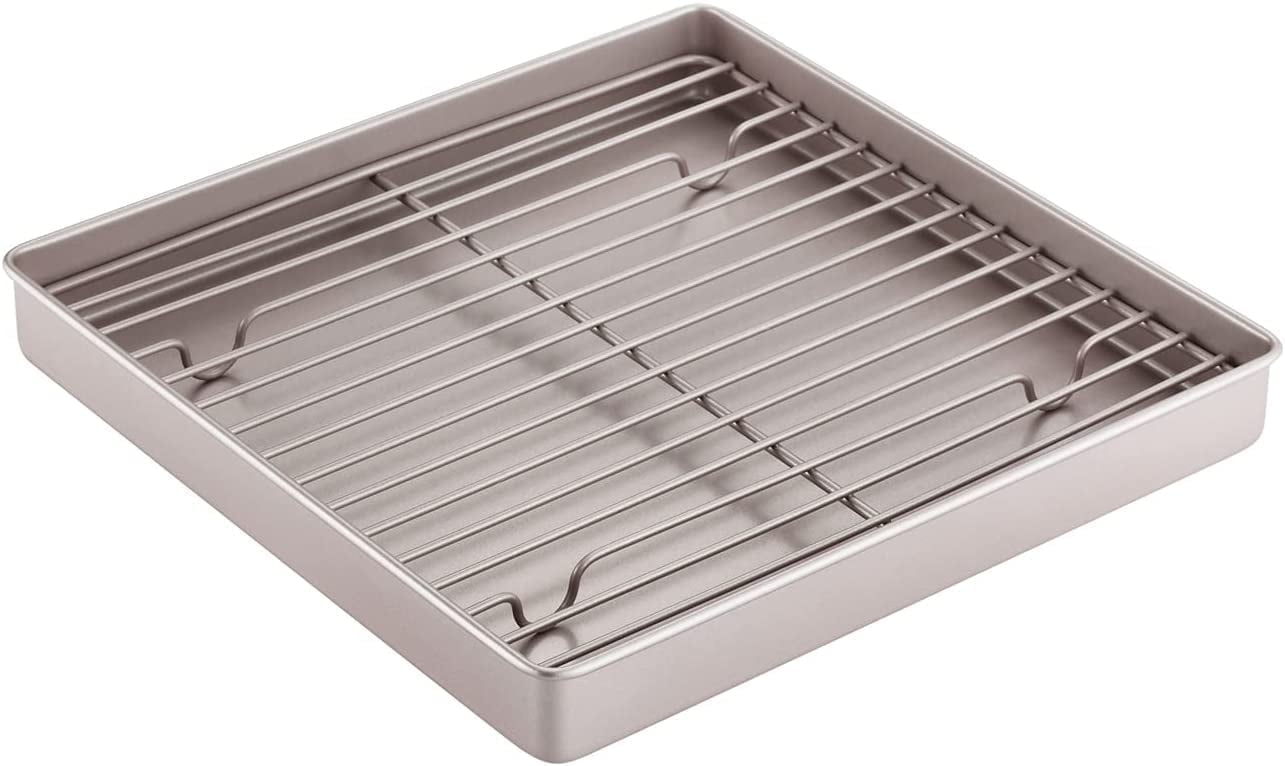 CHEFMADE Roasting Pan with Rack, 11-inch Non-Stick Square Shallow Dish Sheet Pan with Wire Rack for Oven Baking, BBQ and Roasting 11.2" x 11.2" x 1.4" (Champagne Gold)