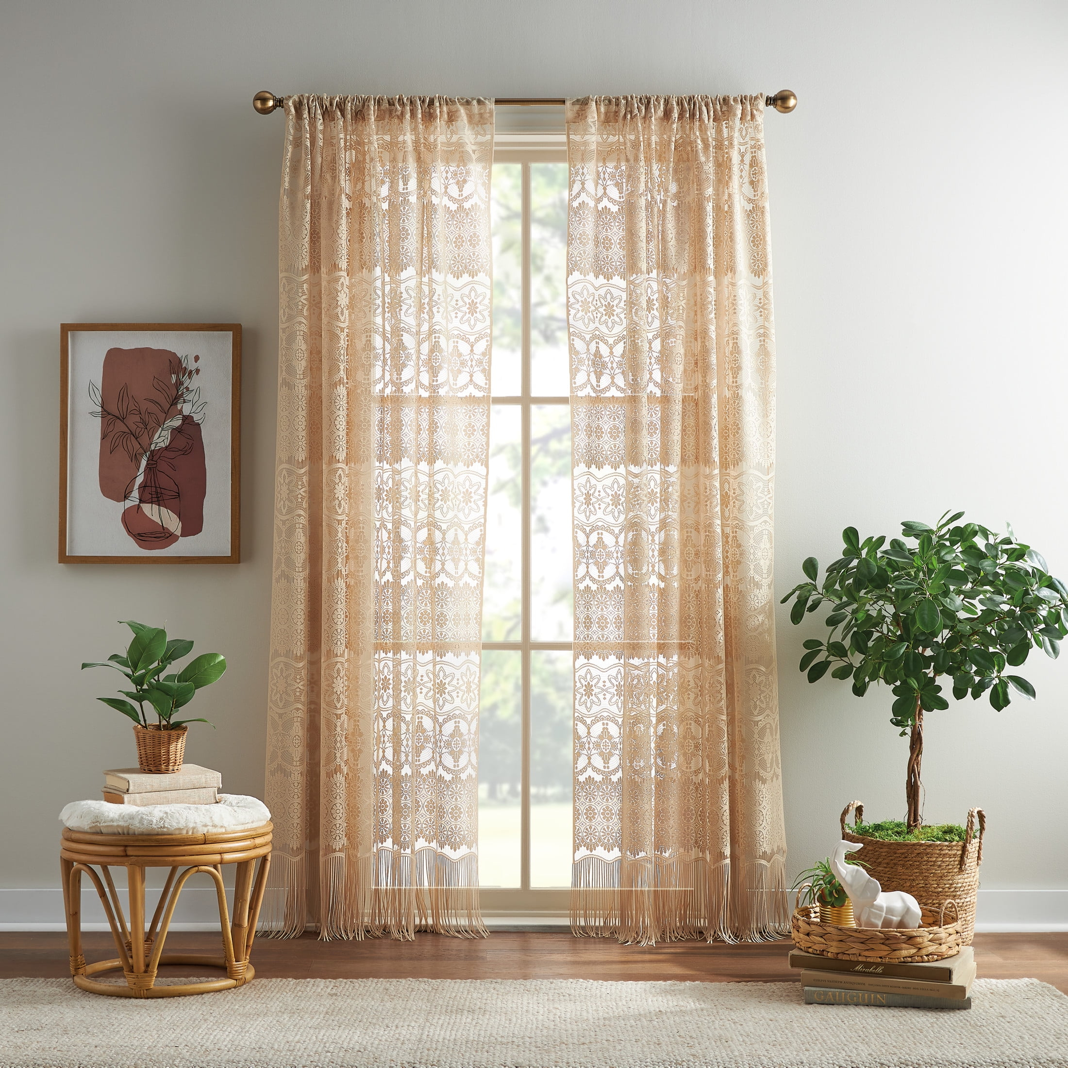 CHF Boho Lace Sheer Single Poletop Panel, Almond, 60" x 84"