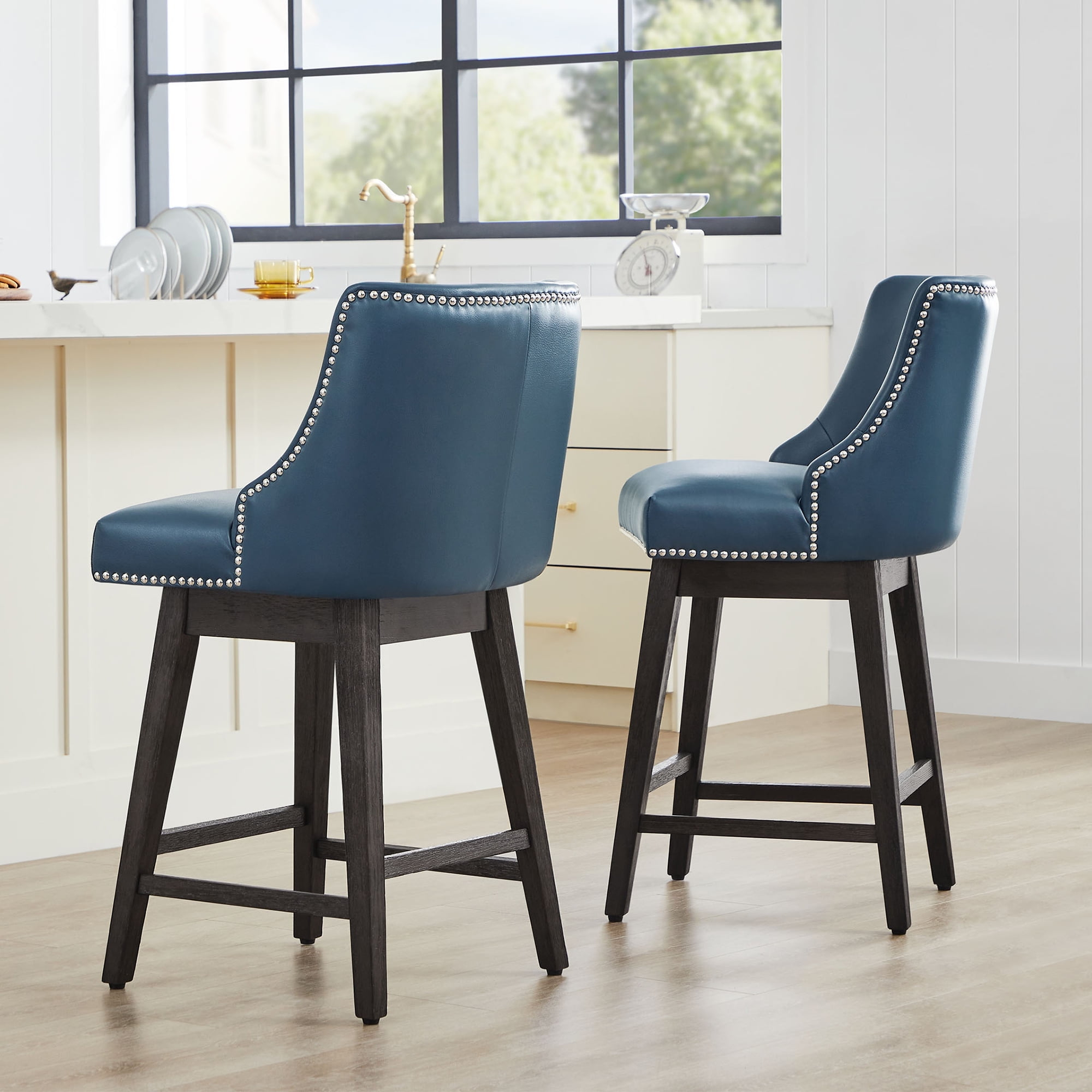 CHITA 26 inch Faux Leather Swivel Upholstered Counter Height Bar Stools with Full Back, Set of 2, Dark Blue