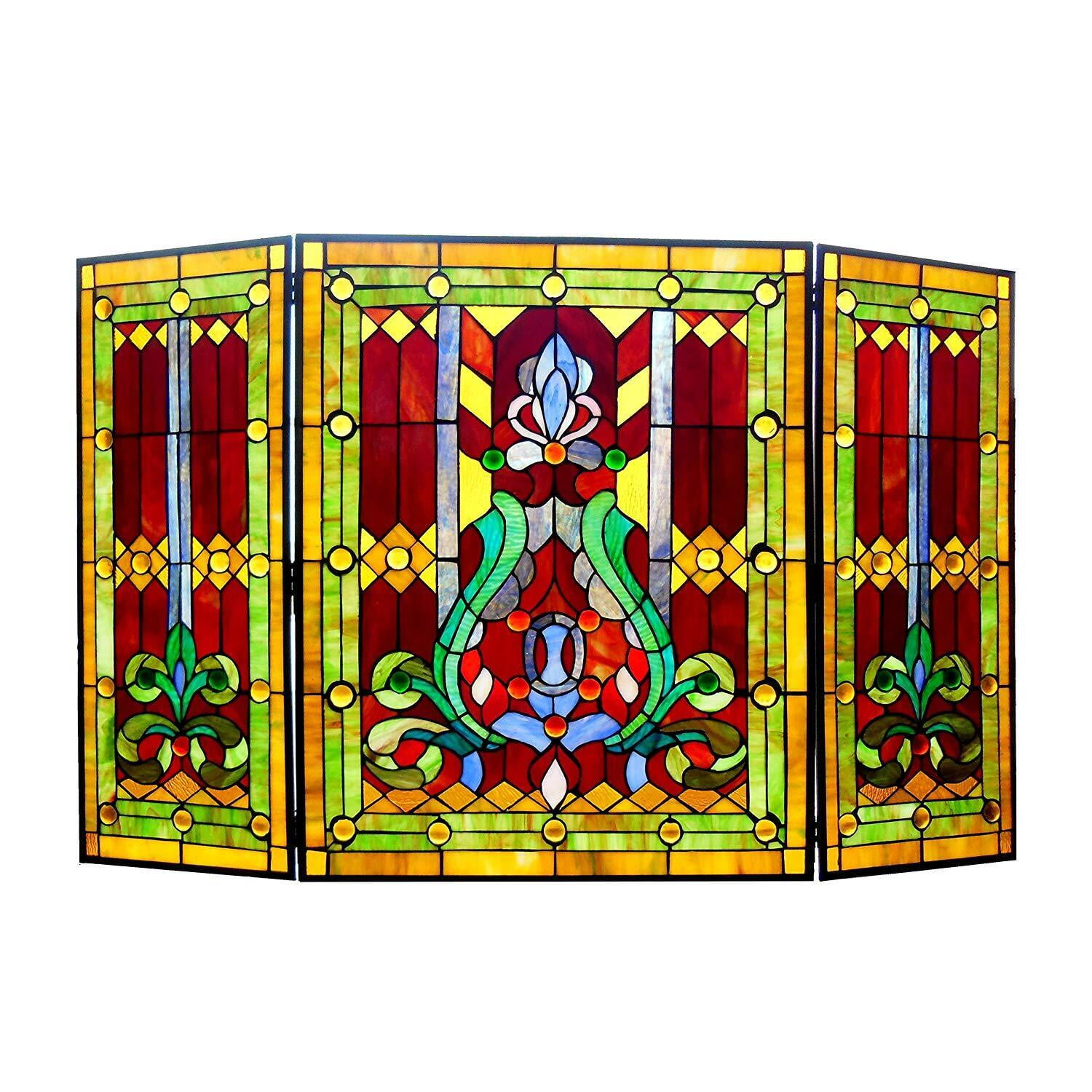 Chloe Lighting Tiffany-Glass 3pcs Folding Victorian Fireplace Screen 44" Wide