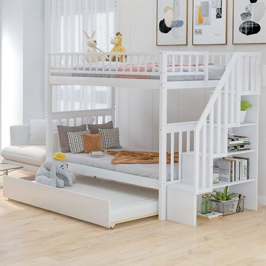 Harper & Bright Designs Solid Wood Bunk Bed Frame with Trundle, Twin Over Twin Loft Bed With Storage Stairways and Guardrails for Kids and Teens
