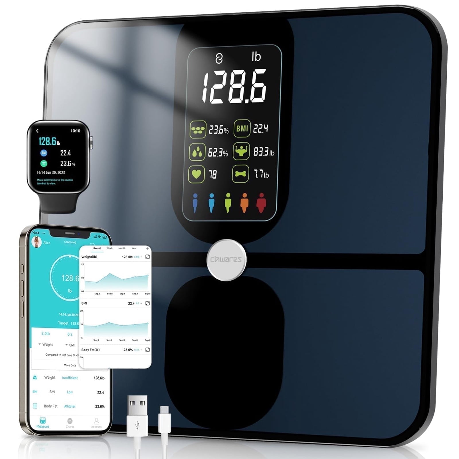 CHWARES Rechargeable Weight Scale , Scale for Body Weight with Large LCD Display, Smart Digital Scale with Body Fat 15 Metrics Body Composition Analyzer for BMI Heart Rate 400lbs, Black