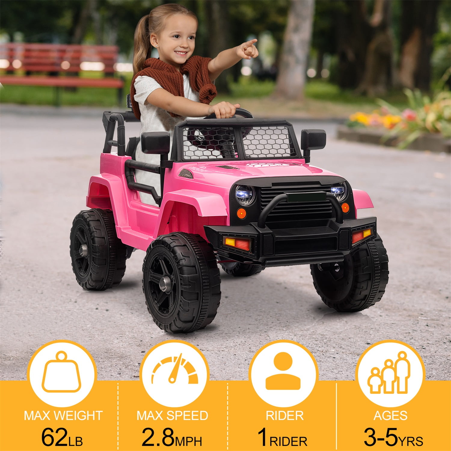 NEILA 12V Kids Ride On Jeep Car Truck Vehicles for Kids Electric Toys Cars with Remote Control Spring Suspension, LED Lights, Bluetooth, 2 Speeds （Pink）