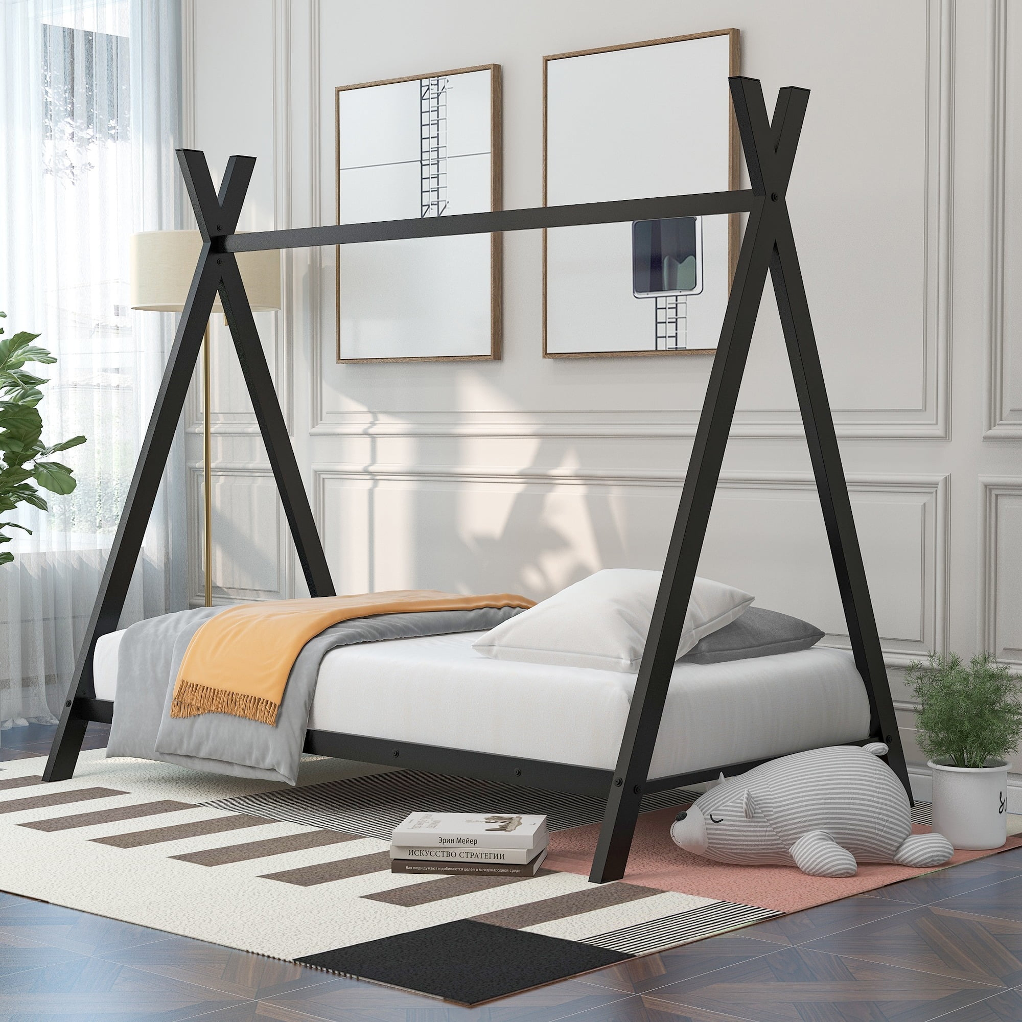 CITYLE Twin House Bed with Roof for Kids, Toddlers, Teens, Metal House Bed Frame with 20 Slats, Kids Twin Bed, No Box Spring Needed, Black