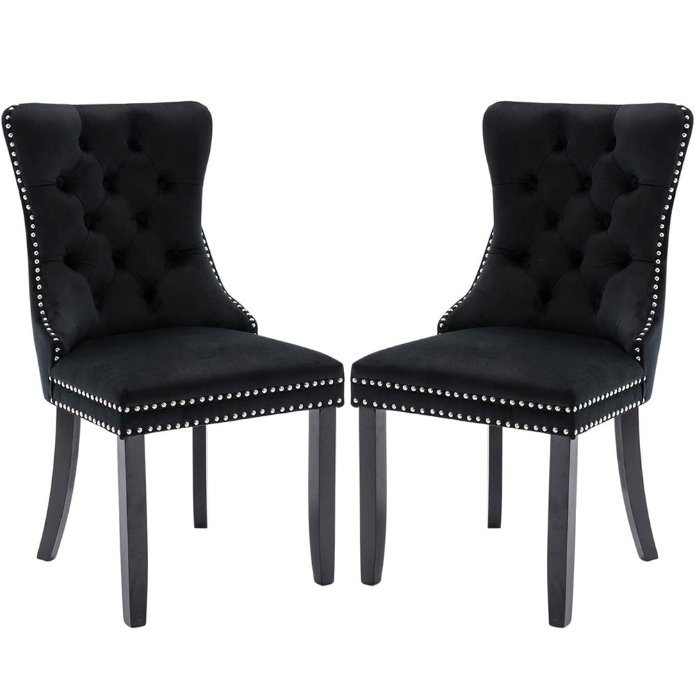 ODUSE-DAILY Black Velvet Dining Chairs Set of 2, Kitchen & Dining Room Chairs, Sillas De Comedor, Nailheads Tufted, Velvet Upholstered, Solid Wood (Black, 2 Pcs)