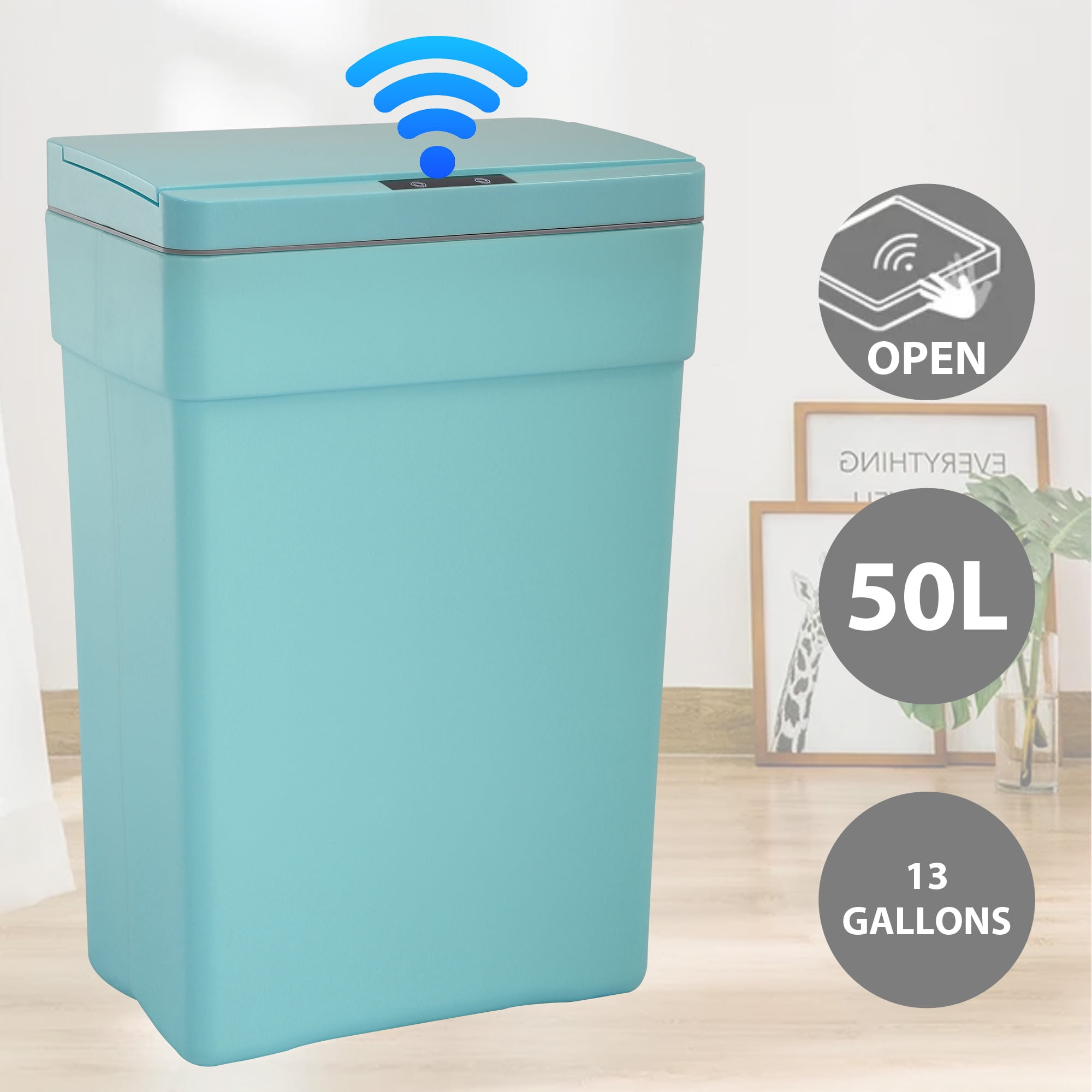 CL.HPAHKL 13 Gallon Touch Free Automatic Trash Can with Lid, Plastic Motion Sensor Kitchen Garbage Can, Touchless Trashcan Trash Bin for Bathroom, Office, Home, Blue