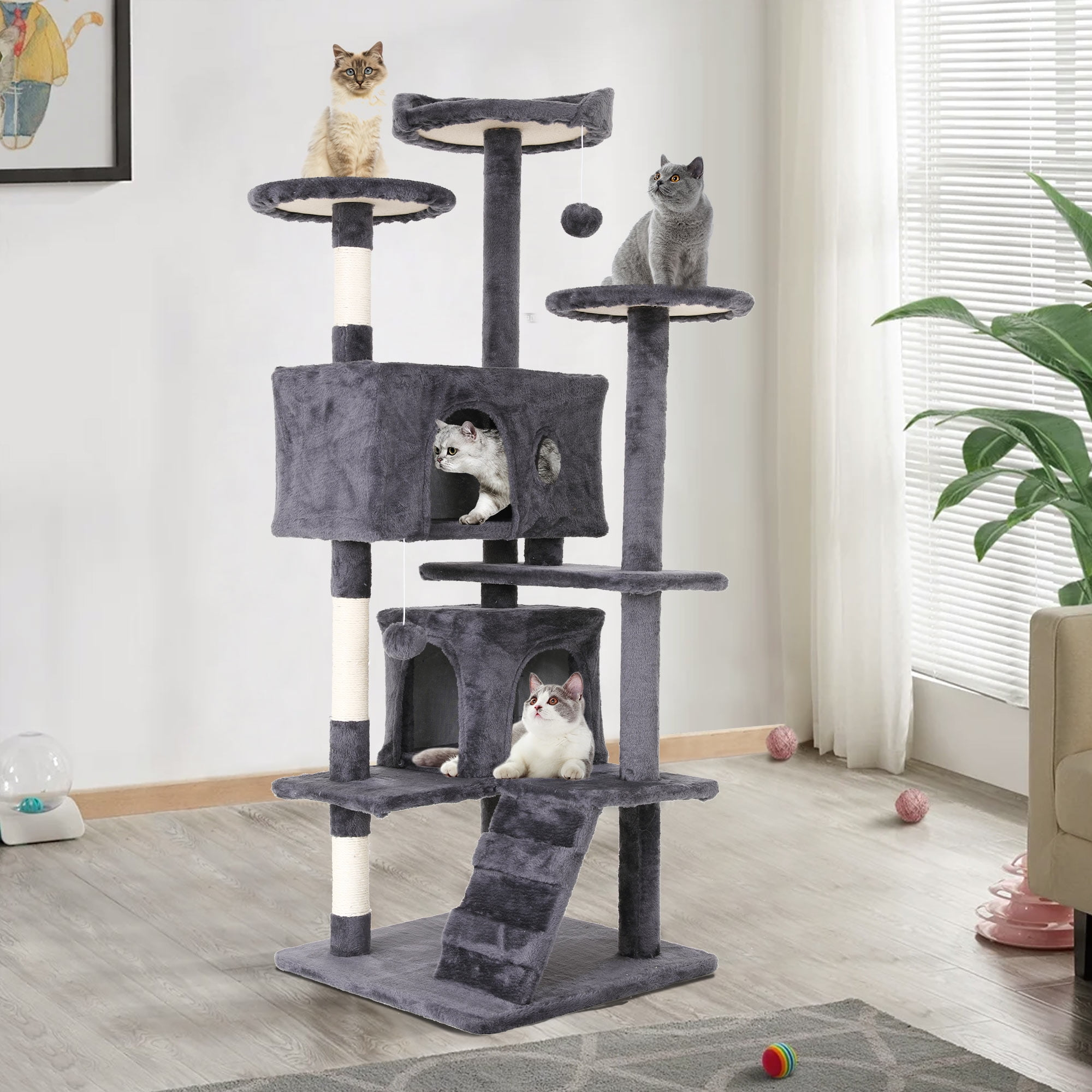CL.HPAHKL 54in Cat Tree Tower, Multi-Level Cat Tower Furniture Activity Center with Platform Scratching Posts Stand House Condo and Toy, Cat Condos for Indoor Cats Kitten Activity Relaxing, Light Gray