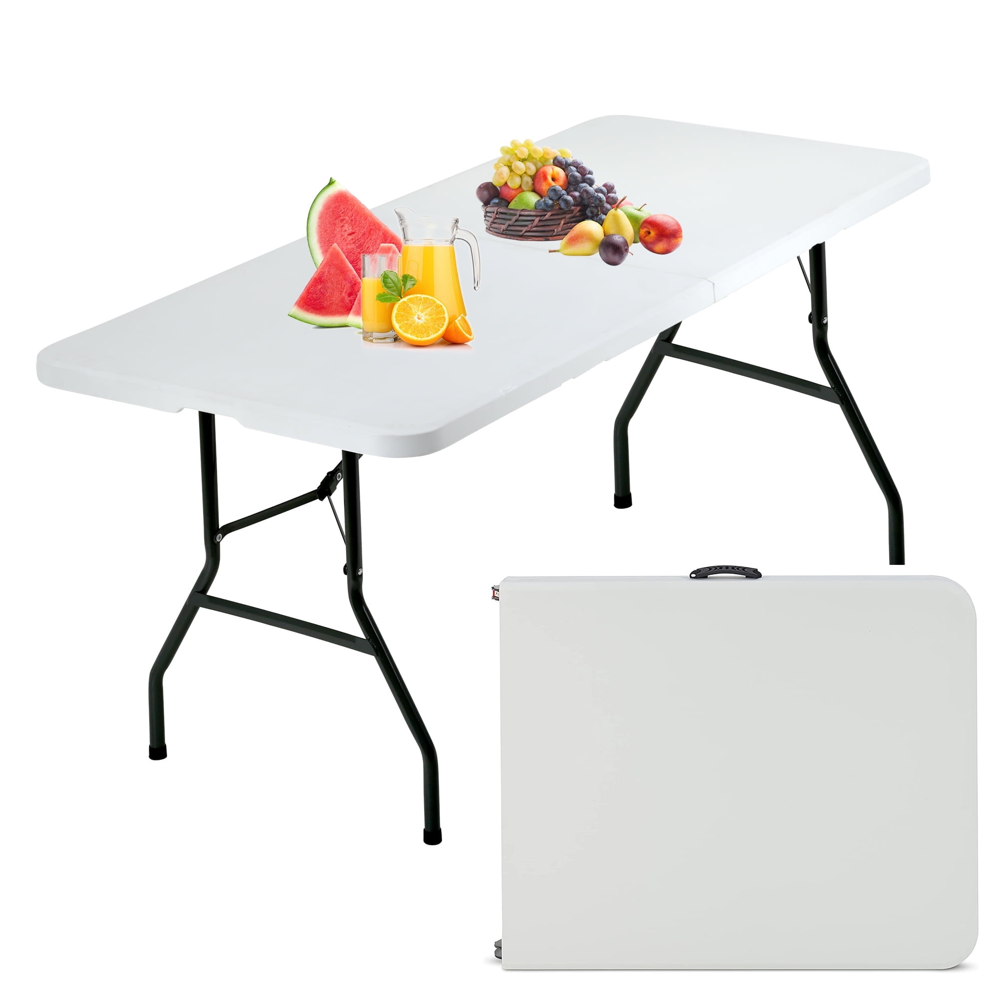 CL.HPAHKL Folding Table with Carrying Handle, Portable Plastic 6 Ft Camping Table, Sturdy Steel Frame for Indoor Outdoor, White