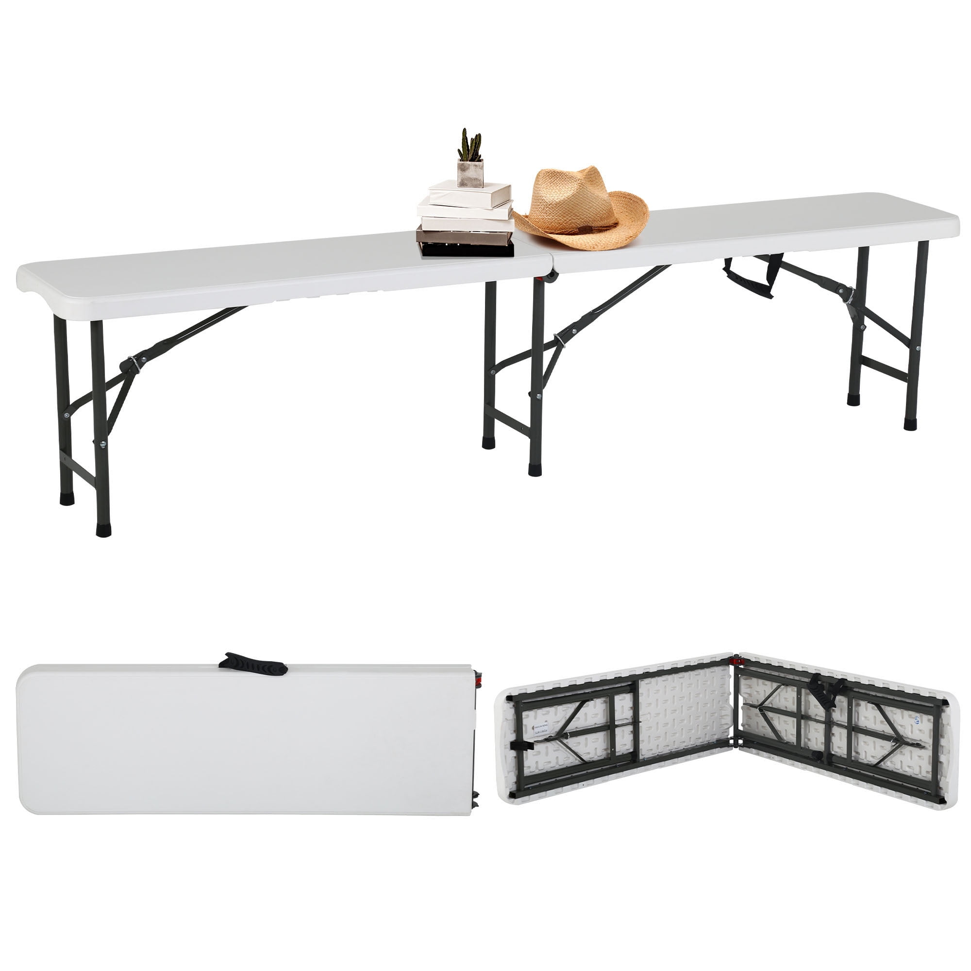 CL.HPAHKL Banco Plegable de 6 Pies, Banco Plegable de Plástico para Exteriores, Banco de Picnic Impermeable HDPE Suave, Banco de Jardín con Asa de Transporte, Tapete Antideslizante para Picnic, Camping, Comedor, Blanco (1 Paquete)