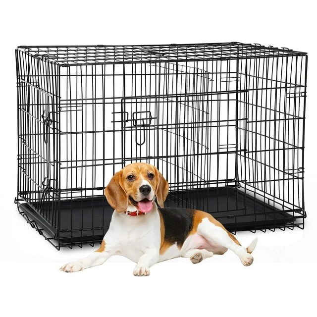 CL.HPAHKL Durable Large Dog Crate, Folding Metal Dog Kennel Double Door Dog Cage with Plastic Tray, Wire Crate for Large Dog Indoor Outdoor Travel (Black, 42 inch)