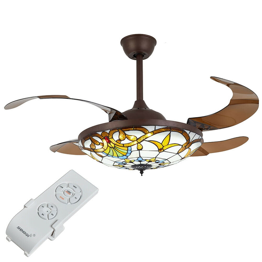 FETCOI 42"Tiffany Style Invisible Ceiling Fan with Lights and Remote Control Retractable Reverse Blades