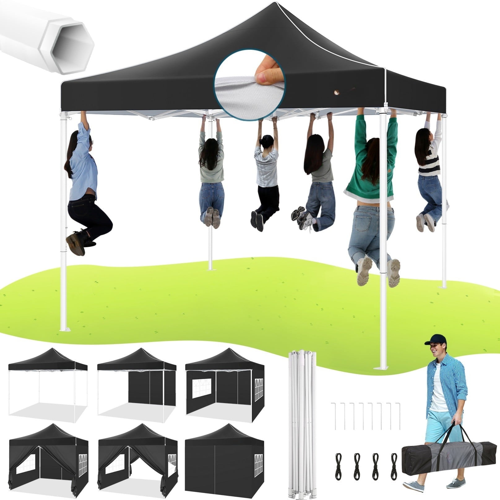 COBIZI 10x10 Heavy Duty Pop Up Canopy Tent with 4 Sidewalls, Commercial Instant Waterproof Shelter, UV 50+ with Silver Coated, Upgraded Thickened Hexagonal Legs,Black