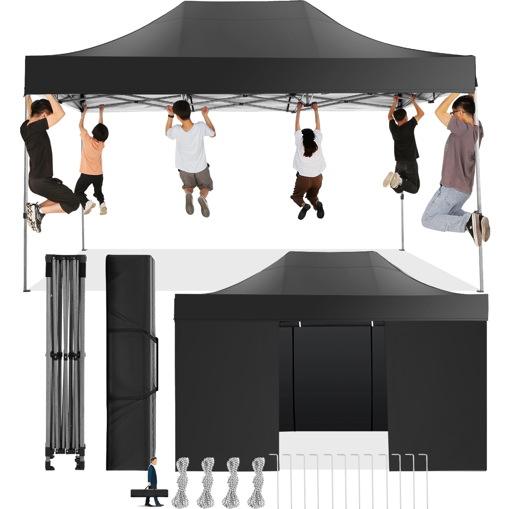 SANOPY 10' x 15' Pop up Canopy with 4 Removable Sidewalls, Heavy Duty Canopy with Upgraded Hexagonal Bracket, Instant Commercial Tent for Party, Portable Gazebo with Sangbags, Roller Bag, Black
