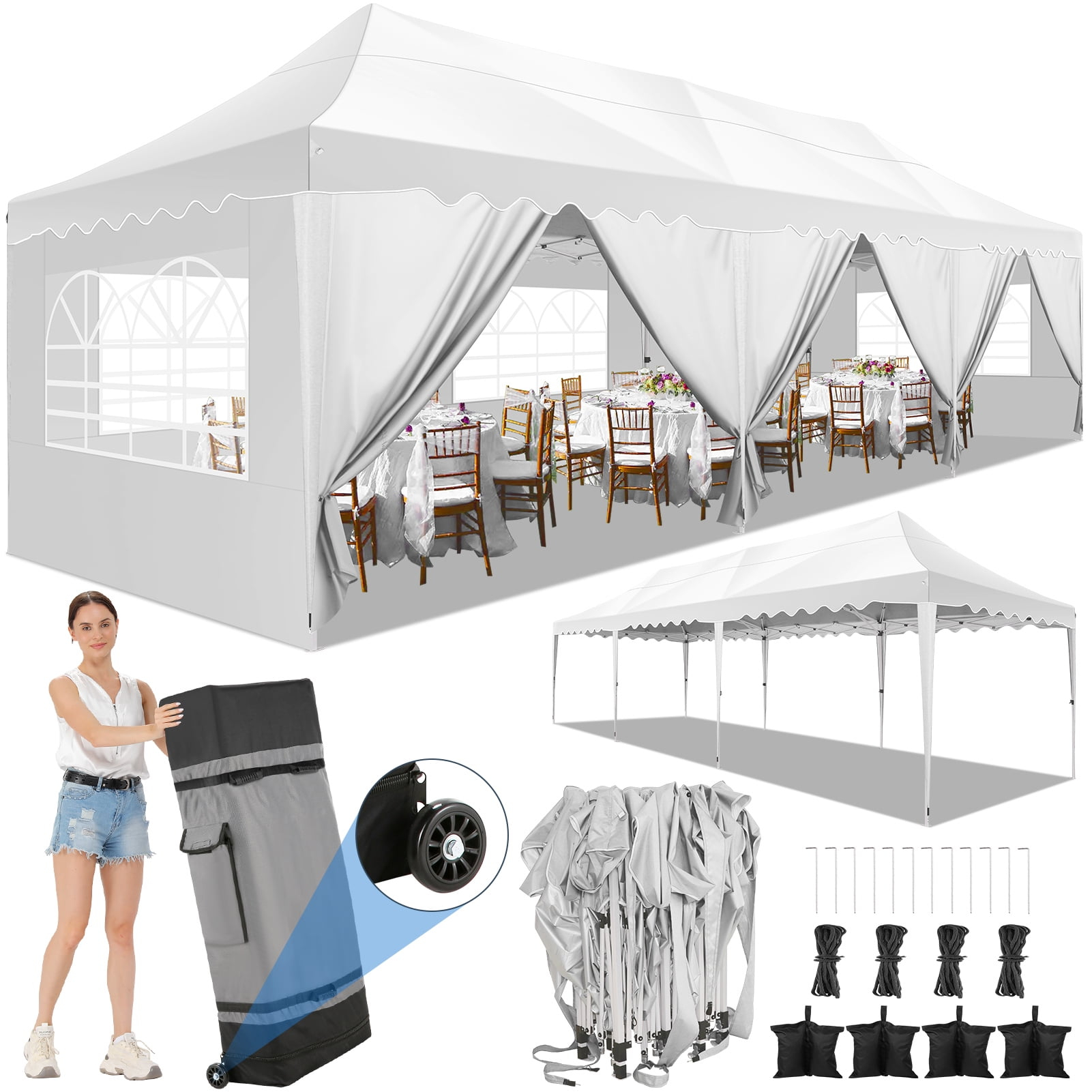 10'x30' EZ Outdoor Pop Up Canopy Tent, Waterproof and Sunproof Beach Canopy with 8 Removable Sidewalls, Heavy Duty Party Wedding Canopy, Height Adjustable Comes with 4 Sandbags, Rolling Bag (White)