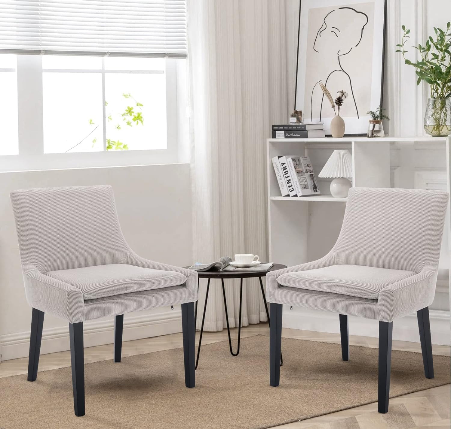 COLAMY Dining Chairs Set of 2, Upholstered Corduroy Accent Side Leisure Chairs with Wood Legs for Living Room Beige