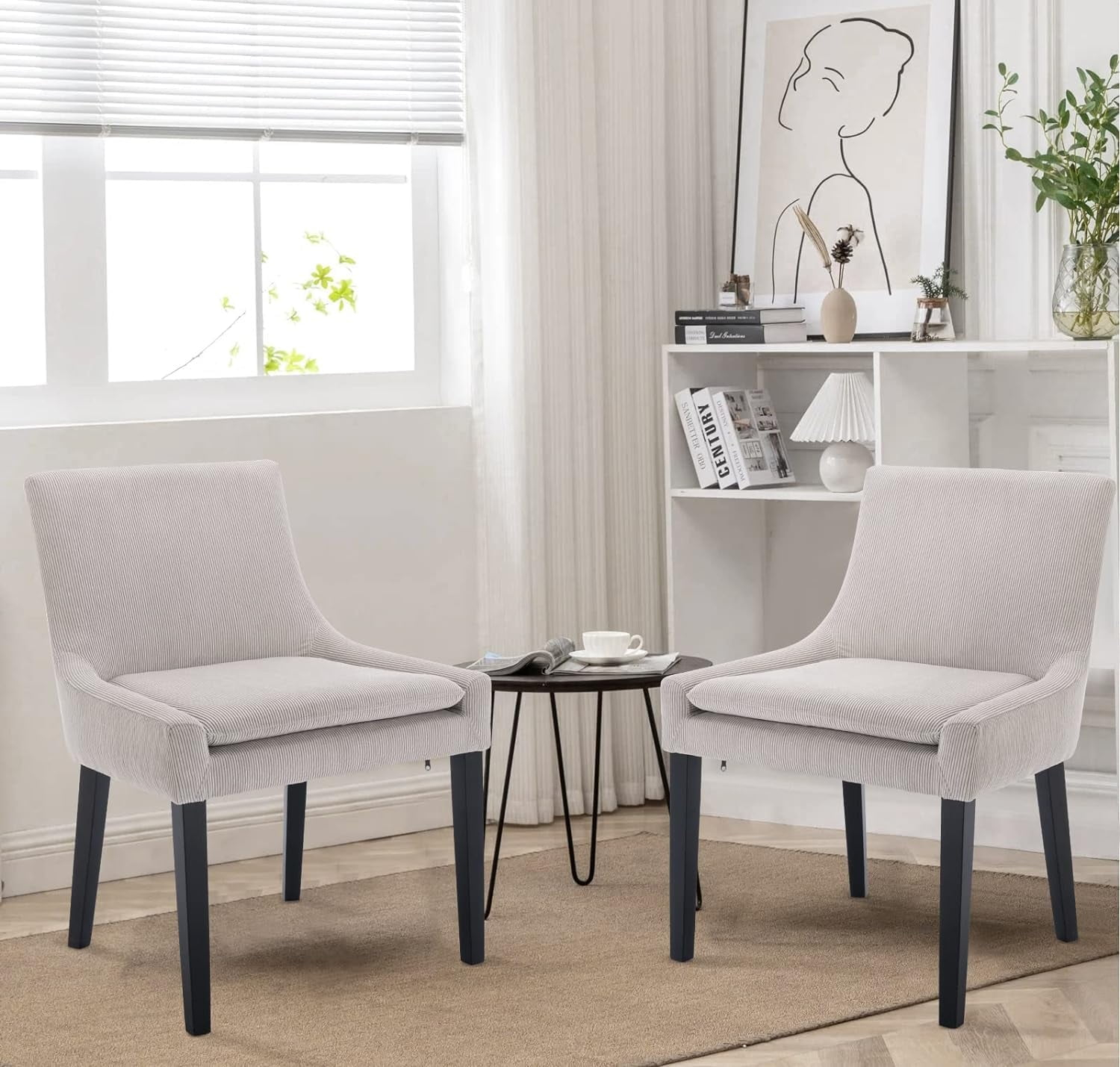 COLAMY Dining Chairs Set of 2, Upholstered Corduroy Accent Side Leisure Chairs with Wood Legs for Living Room Beige