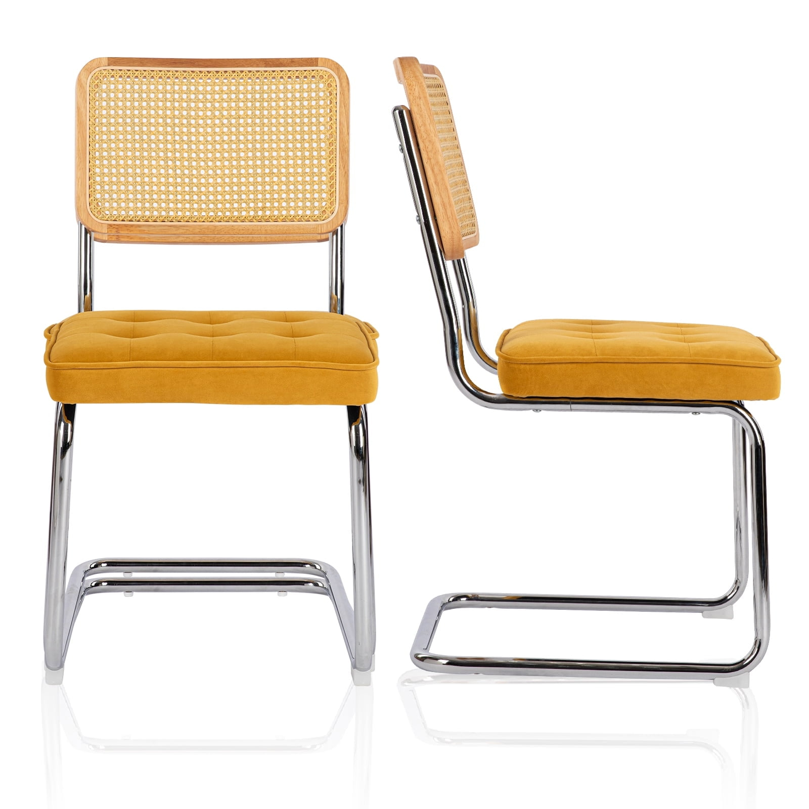COLAMY Velvet Rattan Dining Chairs Set of 2, Mid Century Modern Dining Room Kitchen Side Chairs with Metal Chrome Legs and Upholstered Seat for Home, Living Room, Bedroom - Yellow