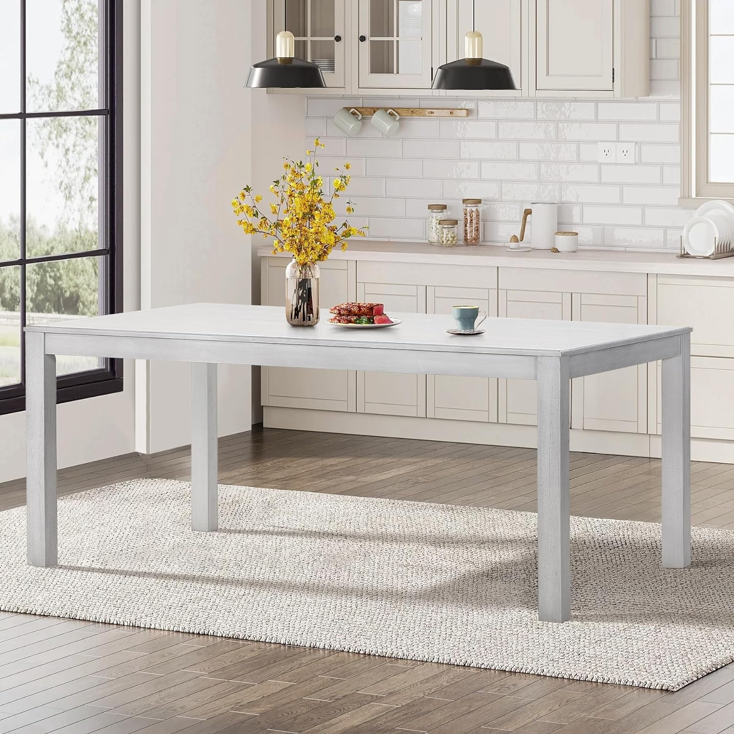 Wood Dining Table for 4 6, Rectangle Wooden Kitchen Table with Square Legs, Farmhouse Dinner Table for Dining Room, Living Room, Office, White