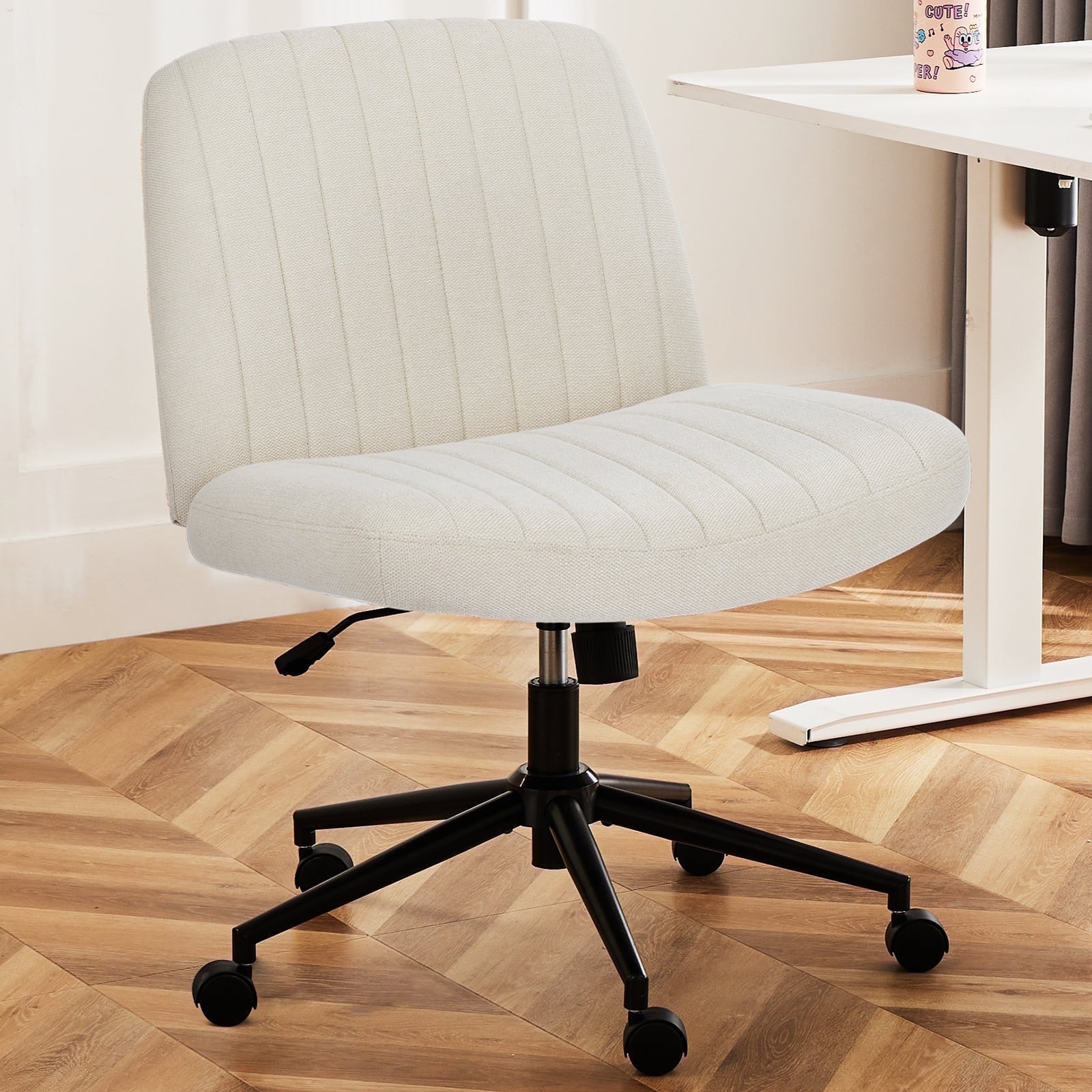 Criss Cross Chair with Wheels, Cross Legged Office Chair, Wide Comfort Desk Chair, Armless Computer Task Chair, Swivel Fabric Vanity Home Chair, Height Adjustable