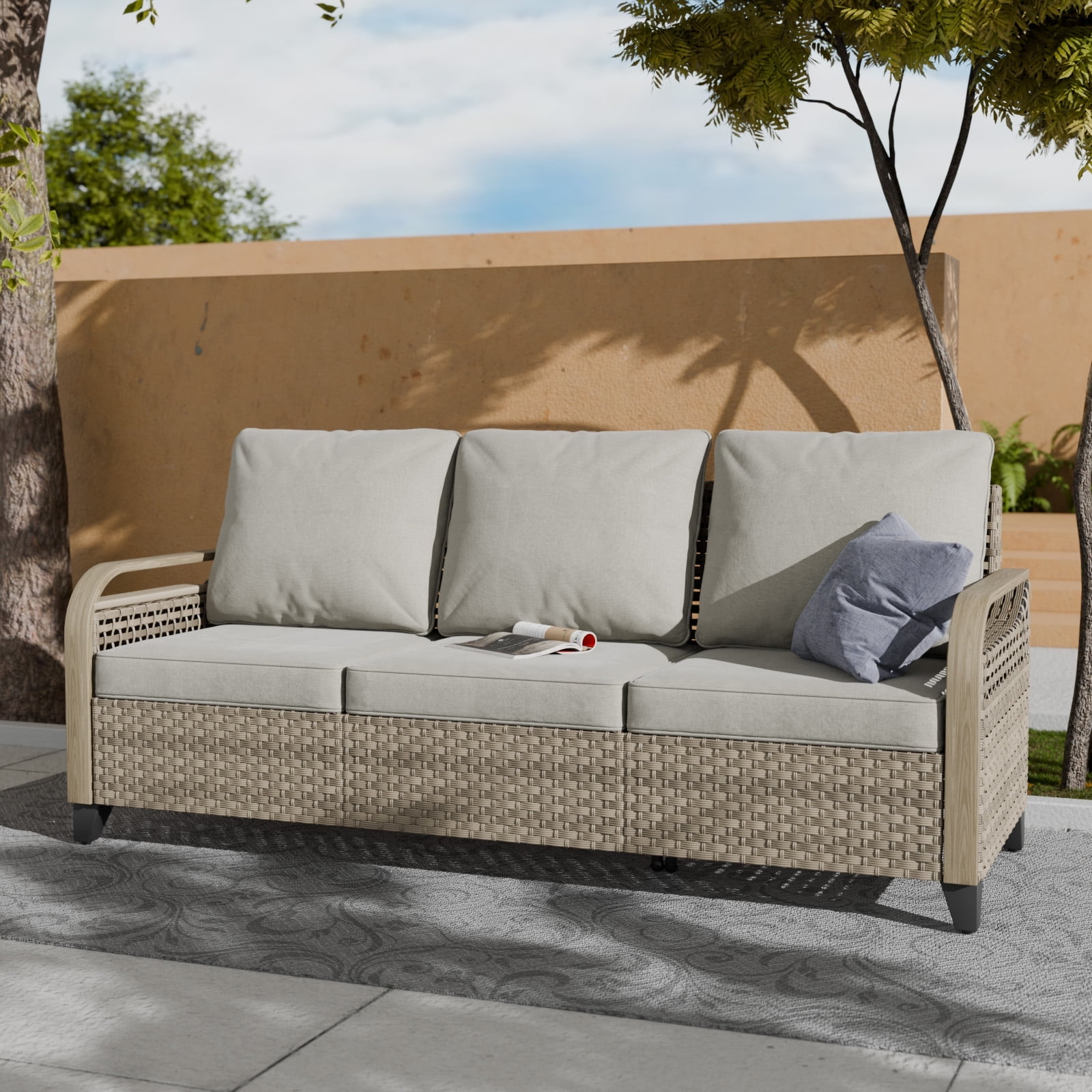 INTER HUT Modern Wicker Patio Sofa, Rattan Outdoor Couch Sofa, 3 Seat Couch, Brown/Gray