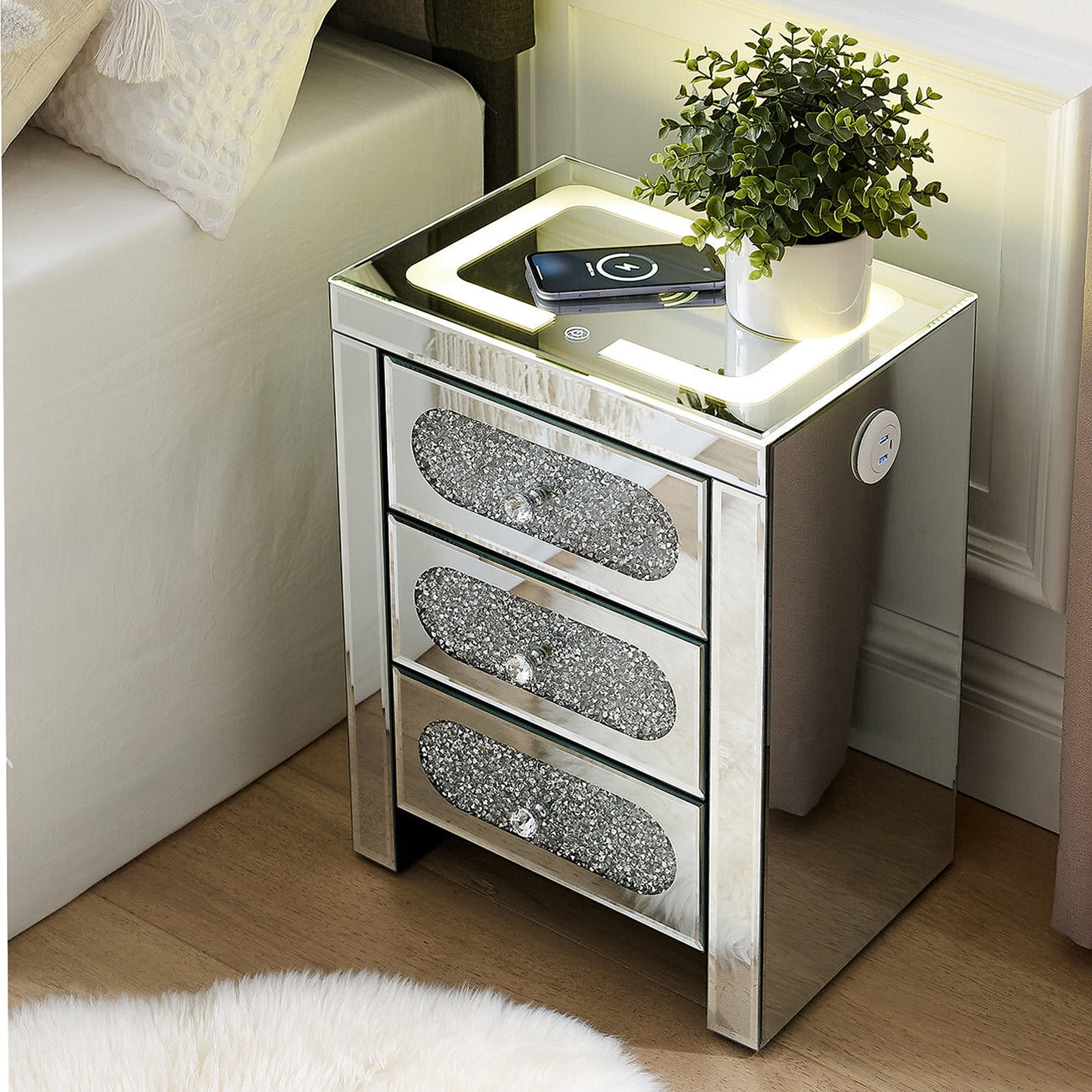 COSVALVE 3 Drawers Mirrored Nightstand Silver Glass Crystal Design Rectangle End Table with Wireless Charging Station, LED Lights, Charge USB Port