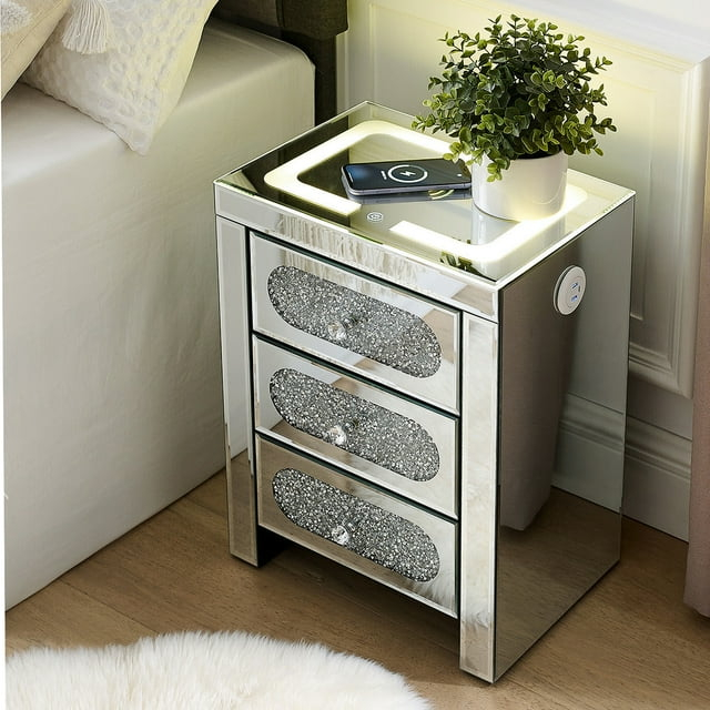 COSVALVE 3 Drawers Mirrored Nightstand Silver Glass Crystal Design Rectangle End Table with Wireless Charging Station, LED Lights, Charge USB Port