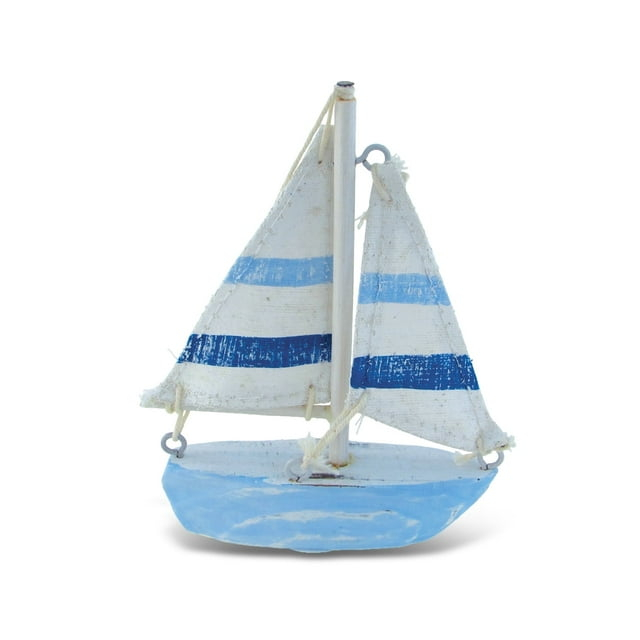 COTA Global Light Blue Stripes Sailboat Extra Small Decor – Handmade Wooden Boat Decor, Cute Beach Style Sail Boat Table Top Decor Living Room Centerpiece – 4.75 Inches