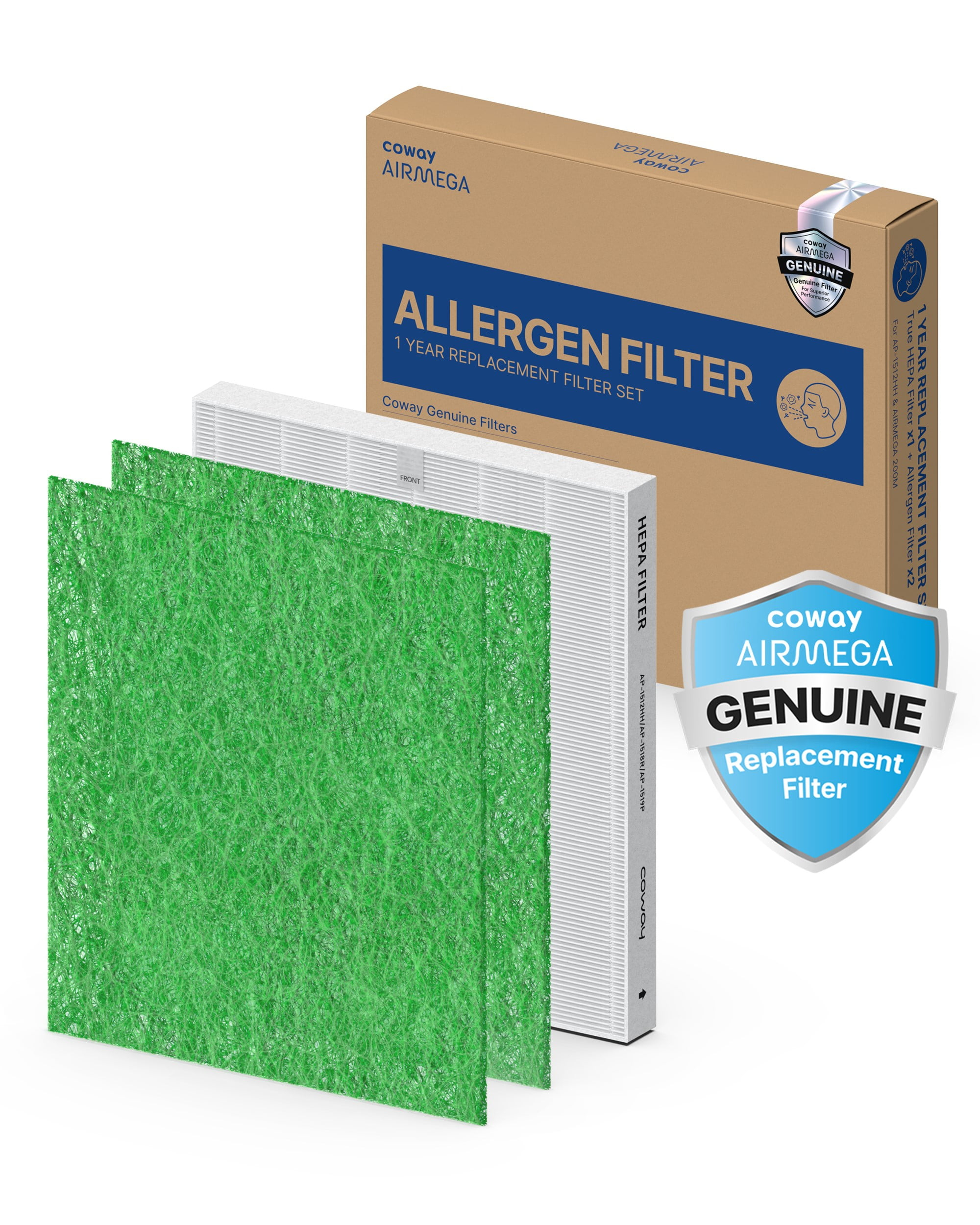 COWAY AP-1512HH & 200M Air Purifier Filter Replacement, Allergen Filter Pack, 2 Allergen Deodorization Filters and 1 True HEPA Filter