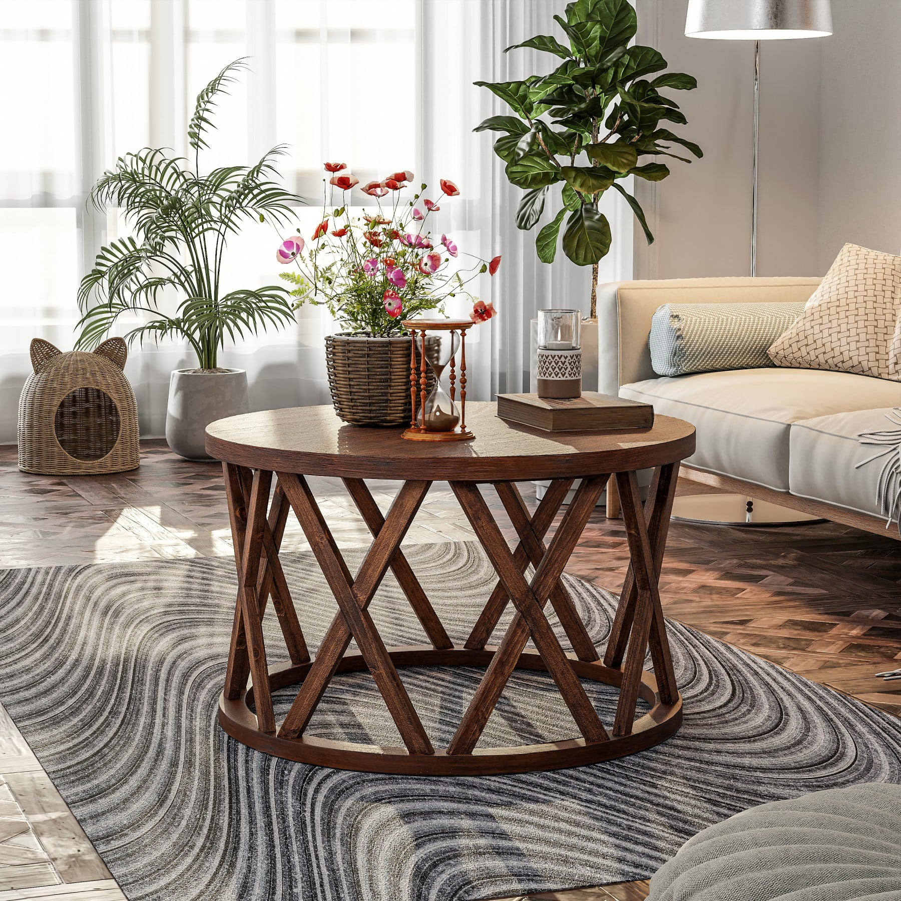 COZAYH Farmhouse Coffee Table, Rustic Round Coffee Table with X-Motifs Legs, Wood Textured Top, for Boho, French Country Decor, Brown